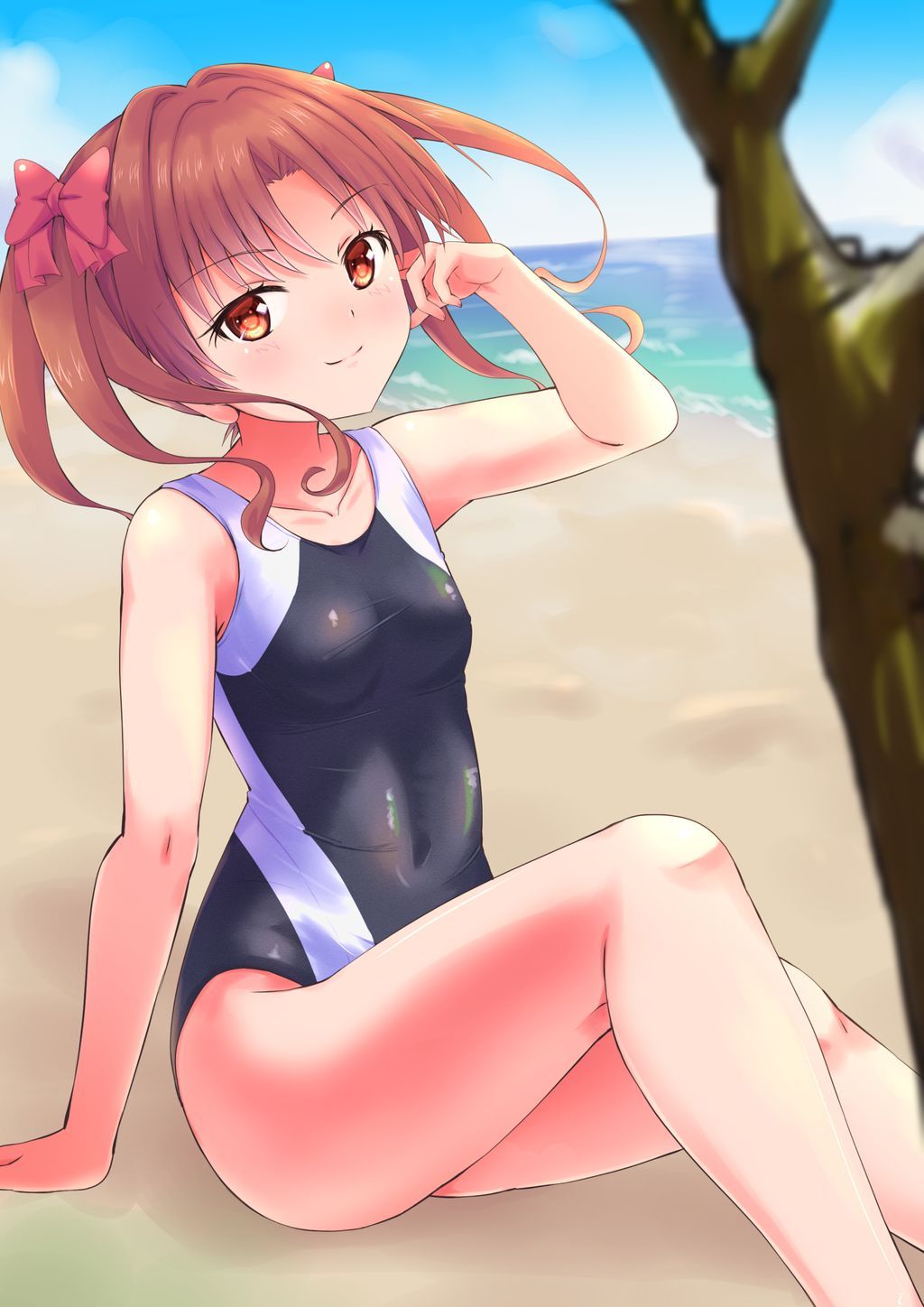 1girl adjusting_hair arm_support bangs beach black_swimsuit blurry blush bow breasts brown_eyes brown_hair closed_mouth collarbone competition_swimsuit covered_navel depth_of_field eyebrows_visible_through_hair hair_bow highres legs looking_at_viewer ocean one-piece_swimsuit parted_bangs red_bow shirai_kuroko sitting sky small_breasts smile swimsuit thighs toaru_kagaku_no_railgun toaru_majutsu_no_index tounaeu2517 tree twintails two-tone_swimsuit wavy_hair white_swimsuit