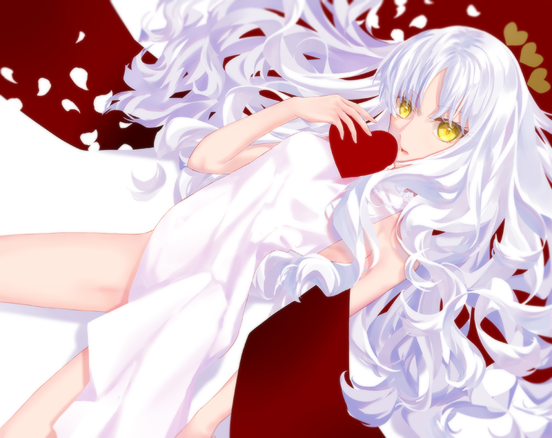 1girl armlet bangs bare_shoulders bracelet breasts caren_hortensia caren_hortensia_(amor_caren) collarbone dress endlessfalling fate/grand_order fate_(series) heart jewelry long_hair looking_at_viewer lying on_back parted_lips petals shawl small_breasts thighs wavy_hair white_dress white_hair yellow_eyes
