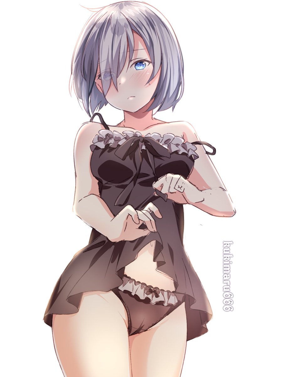1girl black_dress black_panties blue_eyes breasts commentary_request cowboy_shot dress dress_lift frilled_panties frills hair_ornament hair_over_one_eye hairclip hamakaze_(kancolle) highres kantai_collection kukimaru looking_at_viewer medium_breasts panties short_hair silver_hair simple_background solo twitter_username underwear white_background