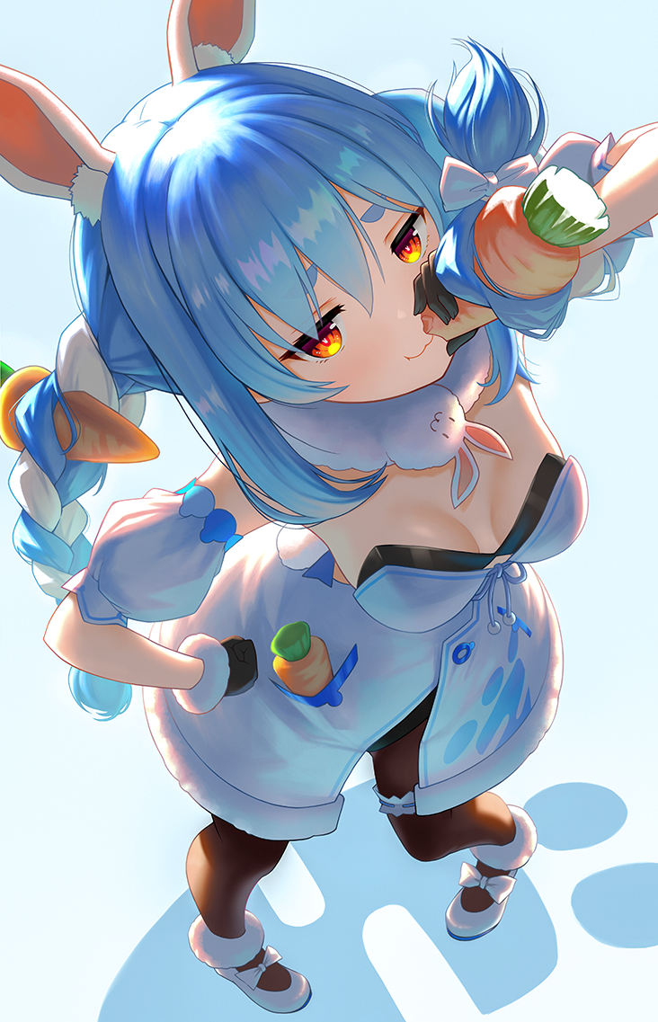 1girl :3 :t animal_ear_fluff animal_ears bangs black_gloves black_leotard blue_hair bow braid breasts brown_legwear bunny-shaped_pupils carrot_hair_ornament carrying closed_mouth commentary_request detached_sleeves don-chan_(usada_pekora) dress eating eyebrows_behind_hair food food_themed_hair_ornament from_above full_body fur-trimmed_dress fur-trimmed_gloves fur_trim gloves hair_between_eyes hair_bow hair_ornament holding holding_food hololive leotard long_hair looking_at_viewer looking_up multicolored_hair pantyhose puffy_short_sleeves puffy_sleeves rabbit_ears short_eyebrows short_sleeves small_breasts standing strapless strapless_dress strapless_leotard thick_eyebrows twin_braids twintails two-tone_hair usada_pekora very_long_hair virtual_youtuber white_bow white_dress white_hair white_sleeves yoka1chi