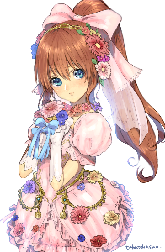 1girl blue_eyes brown_hair closed_mouth dress gloves long_hair looking_at_viewer murata_tefu ponytail precis_neumann simple_background smile solo star_ocean star_ocean_anamnesis star_ocean_the_second_story white_background