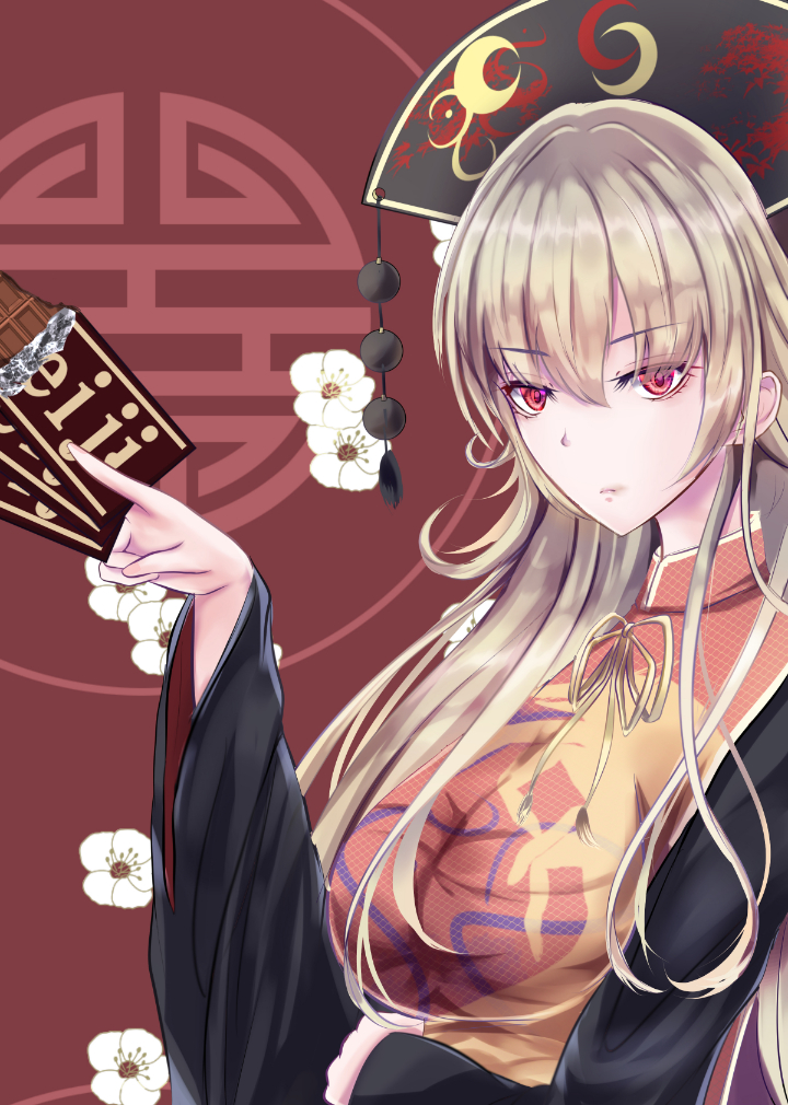 1girl black_dress blonde_hair breasts candy chinese_clothes chocolate chocolate_bar crescent crescent_moon dress eyebrows_visible_through_hair flower food hat headdress holding holding_chocolate holding_food junko_(touhou) large_breasts long_hair long_sleeves looking_at_viewer moon niradama_(nira2ratama) red_eyes solo tabard tassel touhou very_long_hair wide_sleeves