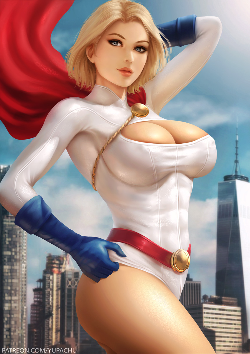 1girl adjusting_clothes adjusting_leotard arm_behind_head arm_up artist_name bangs belt blonde_hair blue_eyes blue_gloves blue_sky breasts building cape cleavage_cutout closed_mouth clothing_cutout clouds cloudy_sky commentary covered_nipples day dc_comics elbow_gloves gloves highres large_breasts leotard light_smile lips long_sleeves looking_at_viewer outdoors parted_bangs power_girl red_belt red_cape shiny shiny_skin short_hair simple_background sky solo thighs white_leotard yupachu