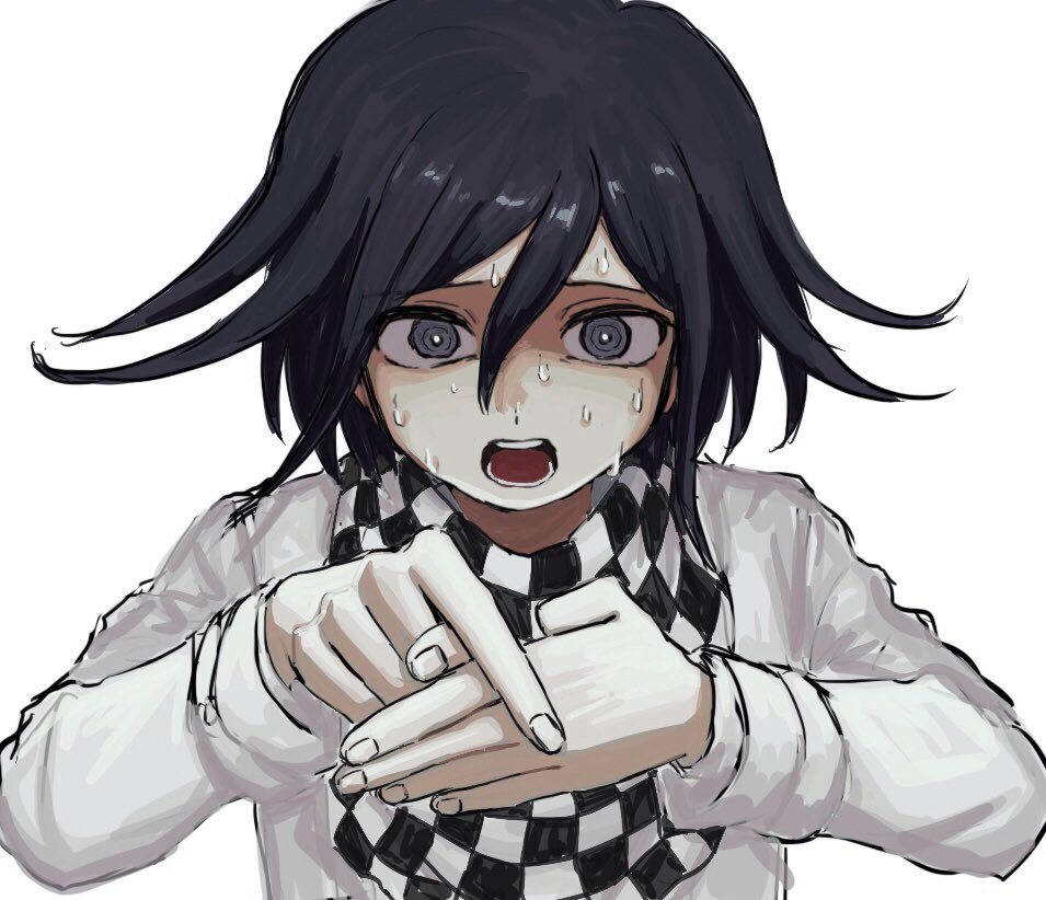 1boy bangs black_eyes black_hair checkered checkered_scarf dangan_ronpa_(series) dangan_ronpa_v3:_killing_harmony hair_between_eyes hands_together jacket long_sleeves looking_at_viewer magic_trick male_focus open_mouth ouma_kokichi own_hands_together renshu_usodayo scarf short_hair simple_background solo straitjacket sweat teeth upper_body white_background white_jacket