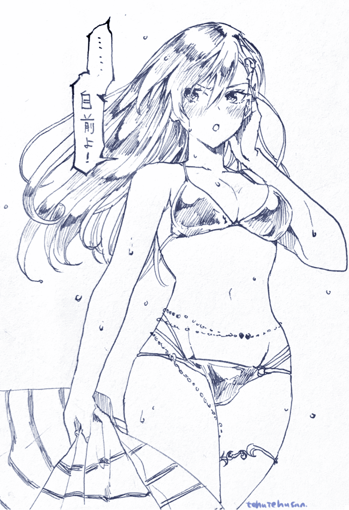 1girl blush breasts greyscale long_hair looking_at_viewer maria_traydor monochrome murata_tefu open_mouth simple_background solo star_ocean star_ocean_anamnesis star_ocean_till_the_end_of_time swimsuit white_background