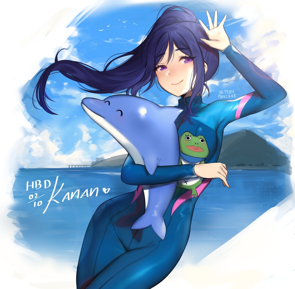 1girl blue_hair blue_sky bodysuit breasts character_name commentary cowboy_shot dated day english_commentary happy_birthday large_breasts long_hair looking_at_viewer love_live! love_live!_sunshine!! matsuura_kanan outdoors ponytail sky smile solo stuffed_animal stuffed_dolphin stuffed_toy terupancake twitter_username water