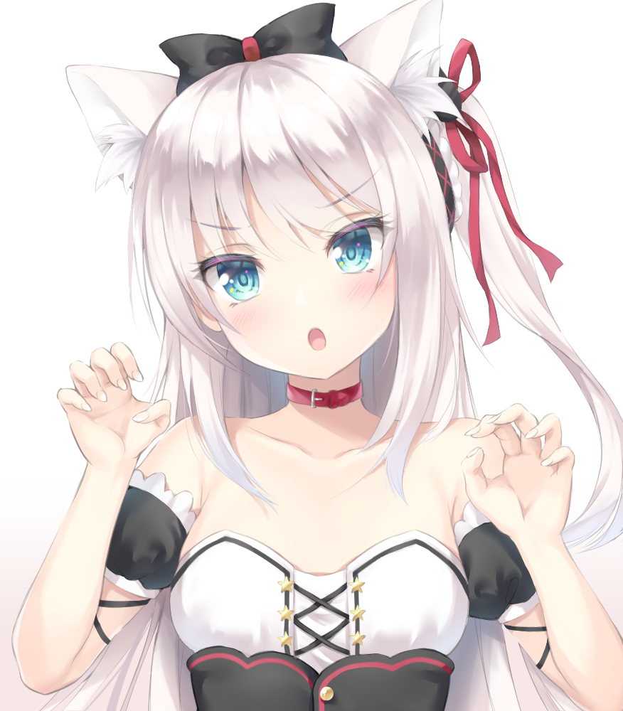 1girl :o animal_ear_fluff animal_ears aqua_eyes azur_lane bangs bare_shoulders black_bow blush bow buttons cat_ears collar collarbone detached_sleeves dress eyebrows_visible_through_hair flat_chest gao hair_ribbon hammann_(azur_lane) hands_up kyousaki_nao long_hair looking_at_viewer open_mouth red_collar red_ribbon ribbon short_sleeves simple_background solo strapless strapless_dress upper_body white_background white_hair
