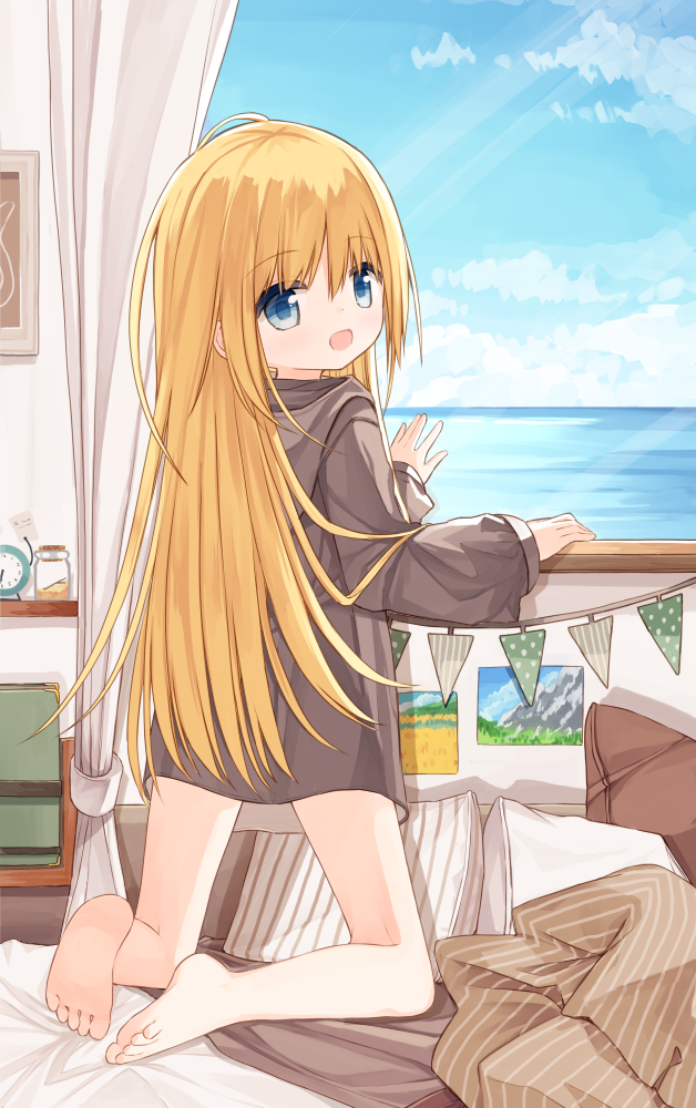 1girl :d against_window bangs barefoot black_hoodie blonde_hair blue_eyes blue_sky blush clouds curtains day eyebrows_visible_through_hair from_behind hair_between_eyes hood hood_down hoodie horizon indoors kneeling long_hair long_sleeves looking_at_viewer looking_back ocean open_mouth original pennant puffy_long_sleeves puffy_sleeves sky sleeves_past_wrists smile soles solo string_of_flags very_long_hair water window yuuhagi_(amaretto-no-natsu)