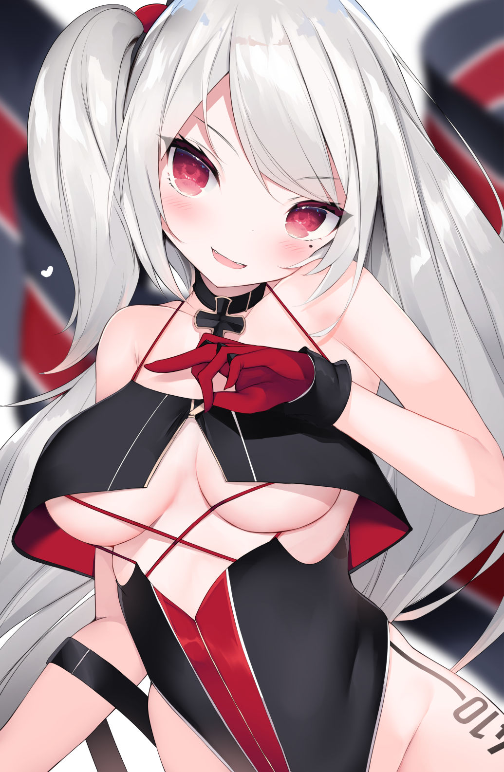 1girl :d azur_lane bangs bare_shoulders black_collar black_swimsuit blurry blurry_background blush breasts cisyo collar collarbone commentary_request cowboy_shot cross eyebrows_visible_through_hair flag gloves groin hair_between_eyes head_tilt heart highres iron_cross looking_at_viewer medium_breasts mole mole_under_eye number_tattoo one_side_up open_mouth red_eyes red_gloves sidelocks silver_hair smile solo standing swimsuit tattoo thigh_tattoo u-410_(azur_lane) under_boob unzipping zipper zipper_pull_tab