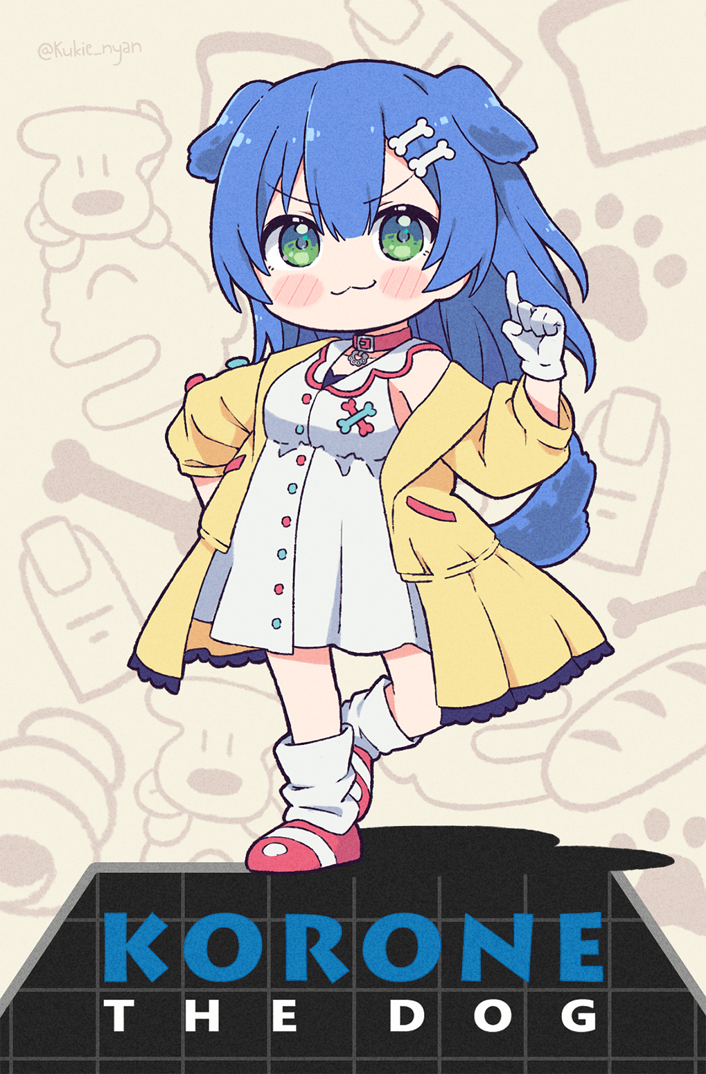 1girl :3 alternate_eye_color alternate_hair_color animal_ears arm_up blue_hair bone_hair_ornament cartoon_bone chocolate_cornet collar cover dog_ears dog_girl dog_tail dress fake_cover food gloves green_eyes hair_ornament hairclip hand_on_hip highres hololive hoso-inu index_finger_raised inugami_korone jacket kukie-nyan listener_(inugami_korone) long_hair off_shoulder parody red_footwear shoes short_dress sleeveless sleeveless_dress smile socks solo sonic_the_hedgehog tail virtual_youtuber white_dress white_footwear white_gloves yellow_jacket