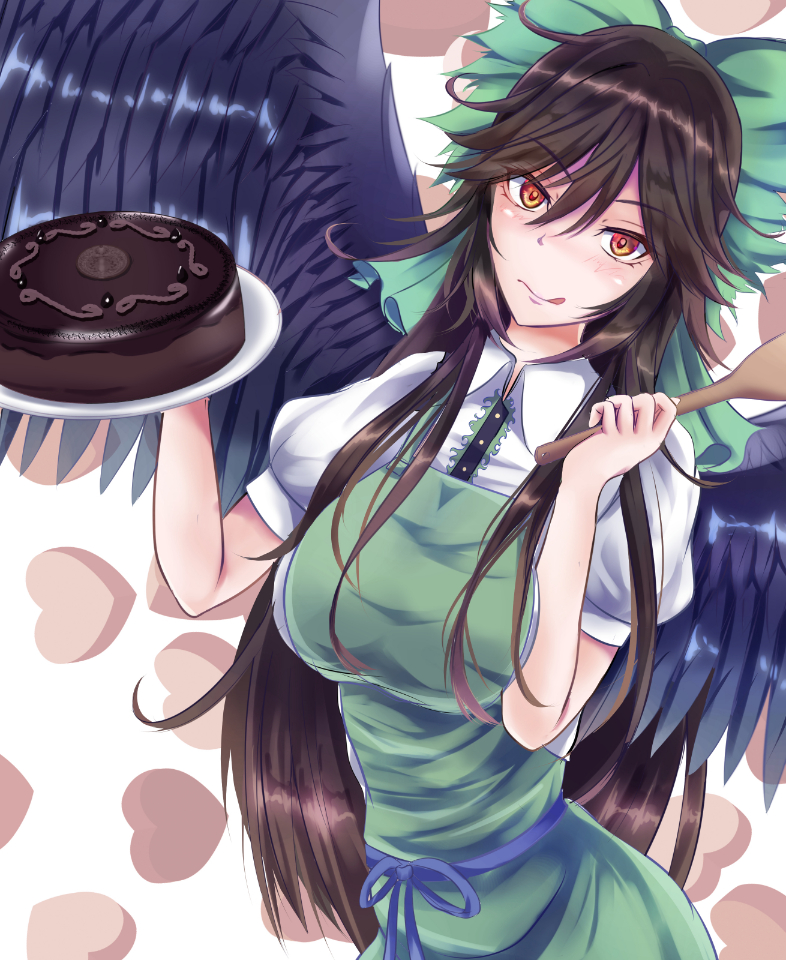 1girl apron bird_wings black_wings blouse bow breasts brown_eyes brown_hair buttons cake chocolate_cake collared_blouse eyebrows_visible_through_hair food green_apron green_bow hair_bow heart holding holding_cake holding_food holding_spoon large_breasts licking_lips long_hair looking_at_viewer niradama_(nira2ratama) plate puffy_short_sleeves puffy_sleeves reiuji_utsuho short_sleeves solo spoon tongue tongue_out touhou very_long_hair white_blouse wings wooden_spoon