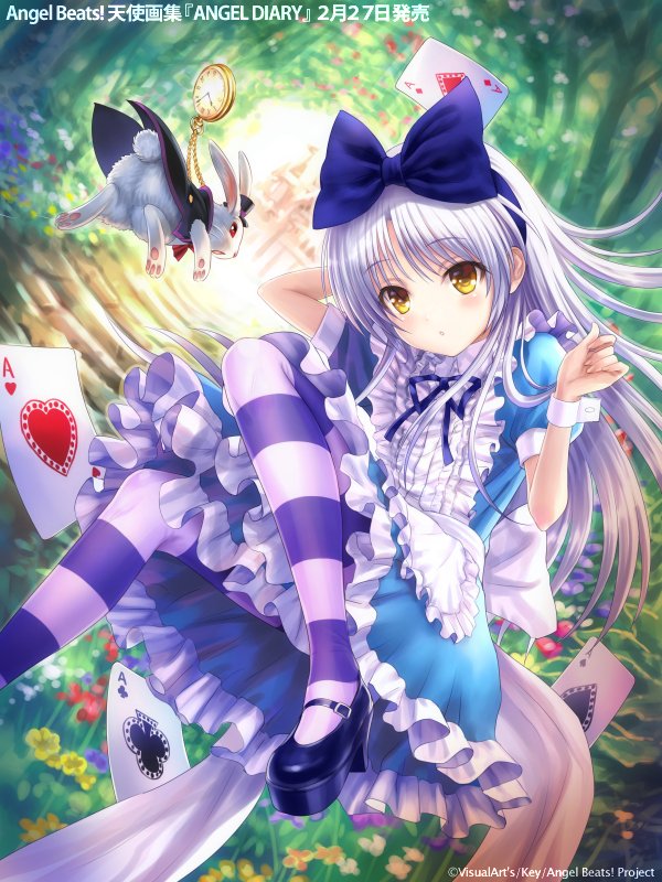 1girl ace_of_clubs ace_of_diamonds ace_of_hearts ace_of_spades alice_(wonderland) alice_(wonderland)_(cosplay) alice_in_wonderland angel_beats! apron black_footwear blue_dress bow card club_(shape) commentary_request cosplay diamond_(shape) dress forest frilled_apron frilled_dress frills full_body goto_p hair_bow heart long_hair looking_at_viewer mary_janes nature pantyhose playing_card rabbit shoes silver_hair spade_(shape) striped striped_legwear tachibana_kanade white_apron white_rabbit wrist_cuffs yellow_eyes