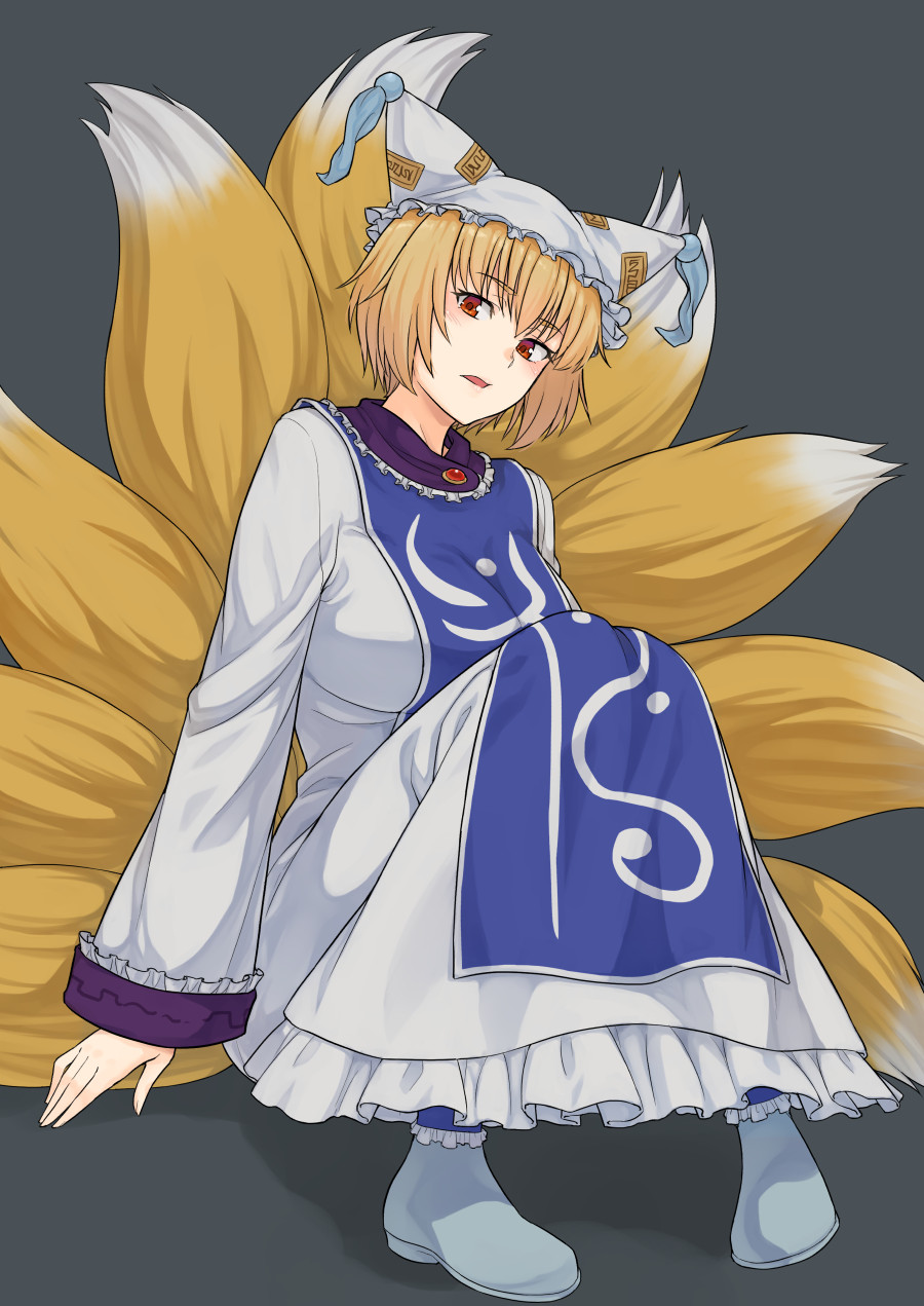 1girl bangs blonde_hair blue_footwear breasts dress fox_tail grey_background hat highres kakone large_breasts long_sleeves looking_at_viewer multiple_tails open_mouth pillow_hat red_eyes short_hair simple_background solo tabard tail touhou white_dress white_headwear yakumo_ran