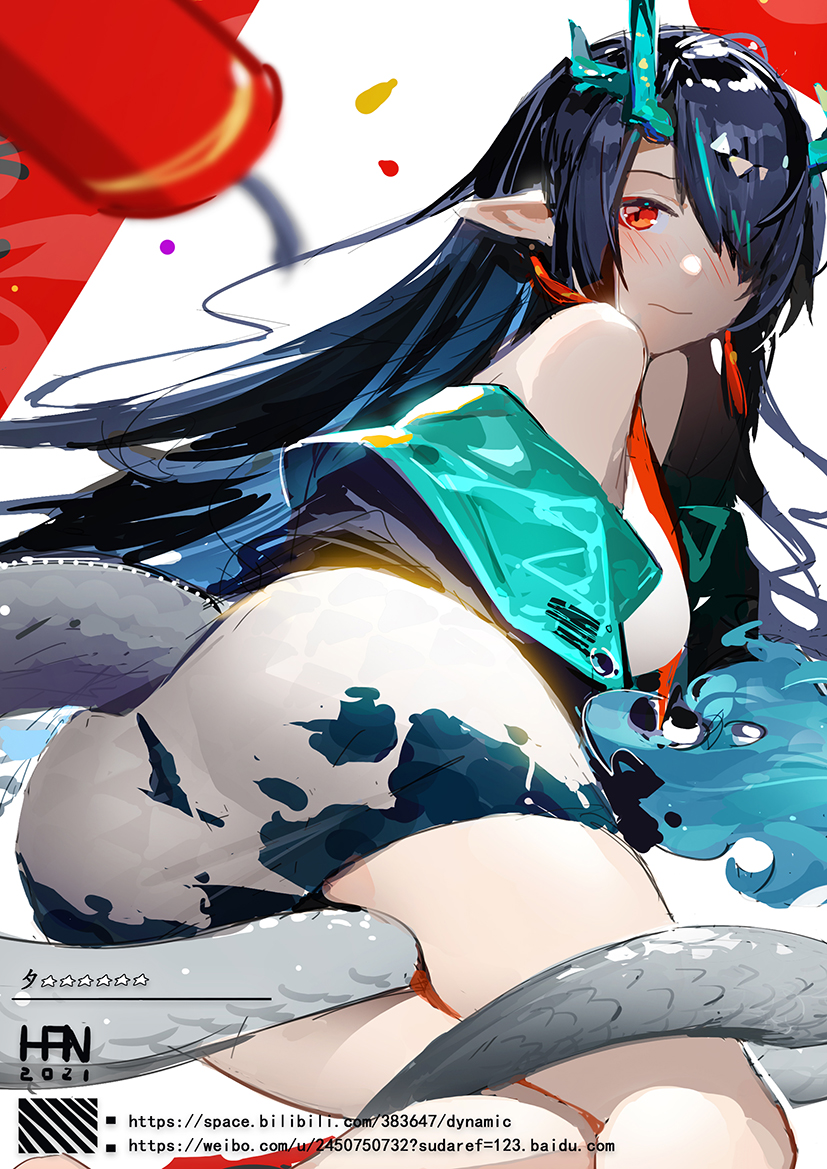 1girl arknights artist_name ass bare_shoulders between_legs black_hair blush breasts candle character_name closed_mouth dragon_girl dragon_horns dragon_tail dress dusk_(arknights) earrings feet_out_of_frame from_behind han-0v0 horns jewelry long_hair looking_at_viewer looking_back lying medium_breasts off_shoulder on_side red_eyes short_dress solo star_(symbol) tail tail_between_legs tassel tassel_earrings very_long_hair watermark web_address white_dress