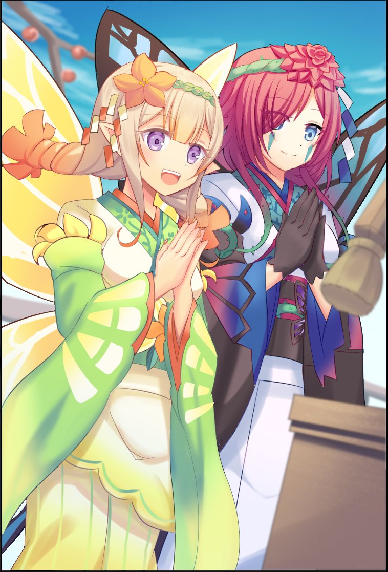 2girls alternate_costume alternate_hairstyle blue_eyes blue_sky butterfly_wings eyes_visible_through_hair facial_mark fire_emblem fire_emblem_heroes flower hair_flower hair_ornament hair_over_one_eye hair_vines hands_together japanese_clothes kimono multiple_girls official_alternate_costume peony_(fire_emblem) plant pointy_ears praying shira_yu_ki siblings sisters sky smile thorns triandra_(fire_emblem) vines violet_eyes wings