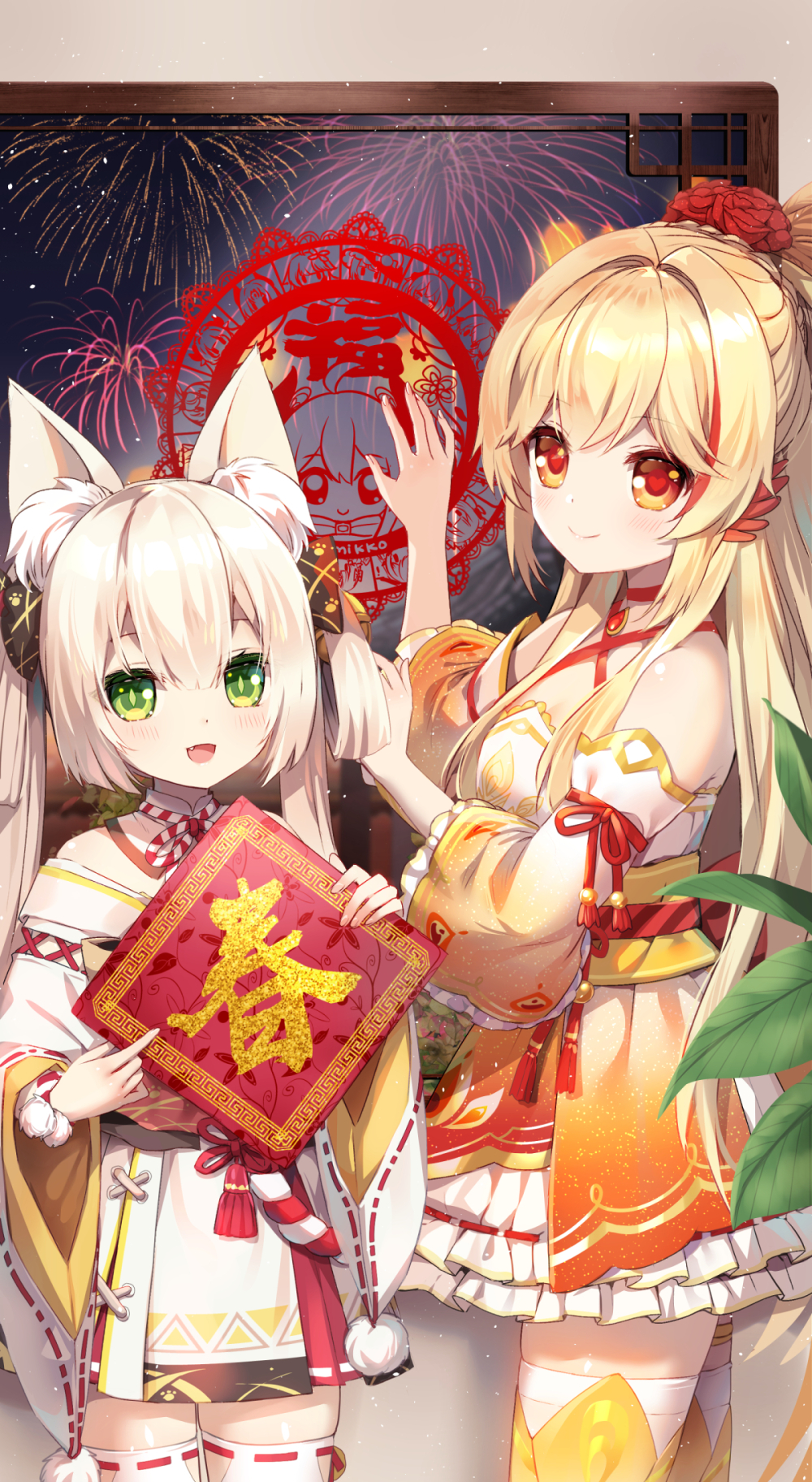 2girls :d aerial_fireworks animal_ear_fluff animal_ears arm_up bare_shoulders black_bow blonde_hair bow choker closed_mouth commentary_request copyright_request criss-cross_halter detached_sleeves fang fireworks flower hair_bow hair_flower hair_intakes hair_ornament halterneck hand_up highres holding japanese_clothes kimono long_hair long_sleeves multicolored_hair multiple_girls mvv night night_sky obi off_shoulder open_mouth red_choker red_eyes red_flower red_rose redhead ribbon-trimmed_legwear ribbon_trim rose sash sky smile standing streaked_hair thigh-highs twintails very_long_hair white_hair white_kimono white_legwear wide_sleeves
