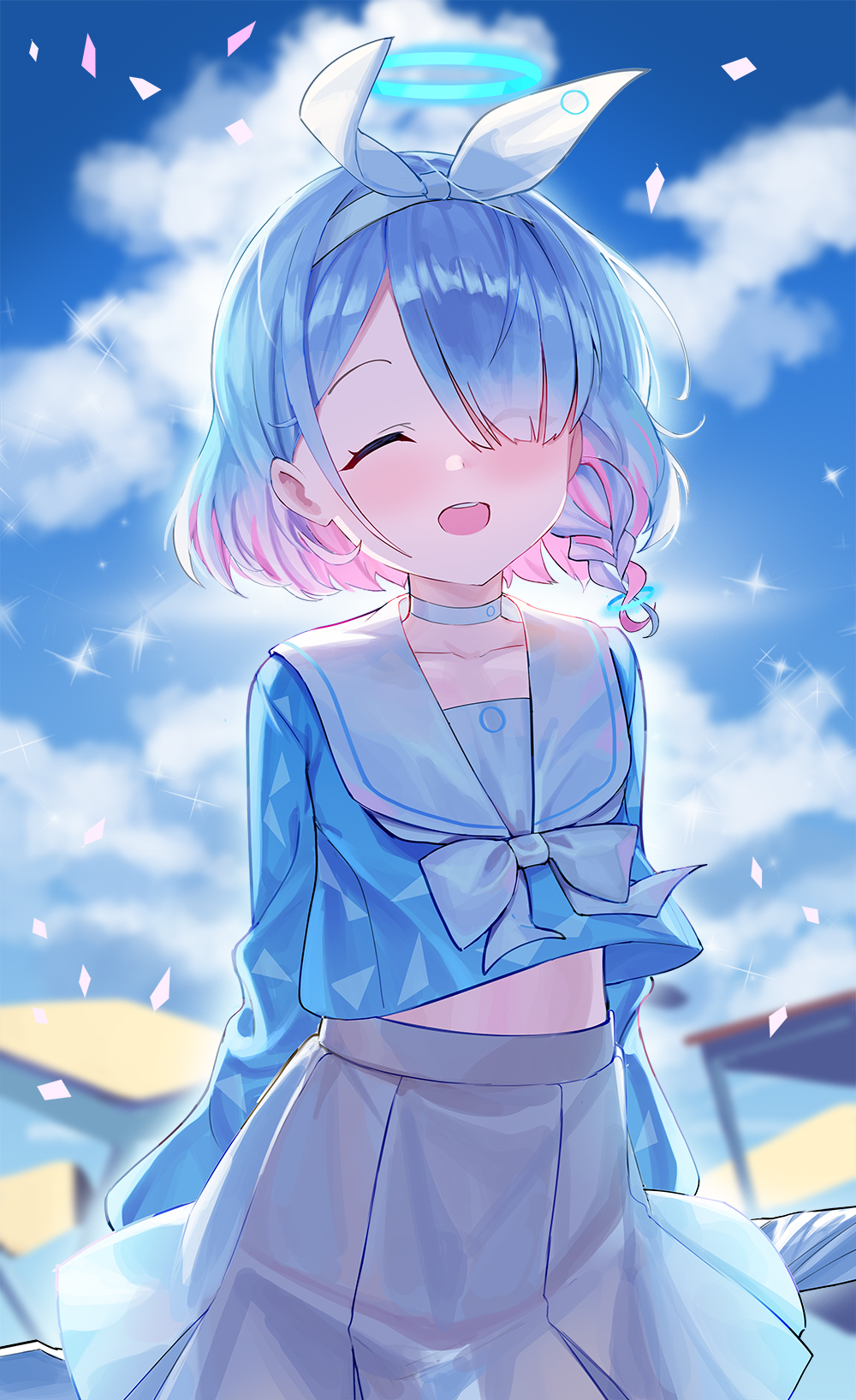 1girl :d ^^^ arona_(blue_archive) blue_archive blue_hair blue_shirt blue_sky blurry blurry_background blush bow braid choker closed_eyes clouds cloudy_sky collarbone commentary_request confetti day depth_of_field desk eyes_visible_through_hair facing_viewer hair_over_one_eye hair_ribbon hairband halo highres midriff_peek multicolored_hair ohihil open_mouth outdoors pink_hair pleated_skirt ribbon sailor_collar school_desk school_uniform serafuku shirt short_hair skirt sky smile solo two-tone_hair upper_teeth white_bow white_choker white_hairband white_ribbon white_sailor_collar white_skirt