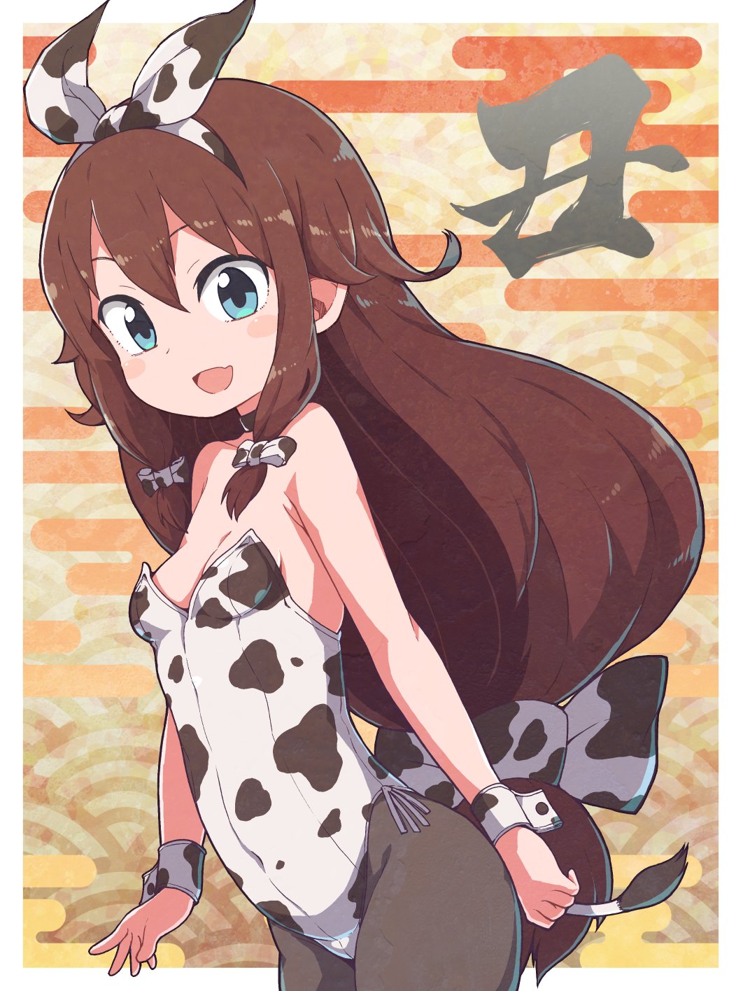 1girl :d animal_print black_choker black_legwear blue_eyes border bow breasts brown_hair chinese_zodiac choker commentary_request covered_navel cow_print cow_tail cowboy_shot egasumi hair_bow hair_ribbon highres leotard long_hair looking_at_viewer low-tied_long_hair michino_arika_(nazonazo) nazonazo_(nazonazot) new_year open_mouth original pantyhose playboy_bunny print_bow print_leotard print_ribbon ribbon seigaiha side-tie_leotard sidelocks small_breasts smile solo standing tail very_long_hair white_border white_bow white_leotard white_ribbon wrist_cuffs year_of_the_ox