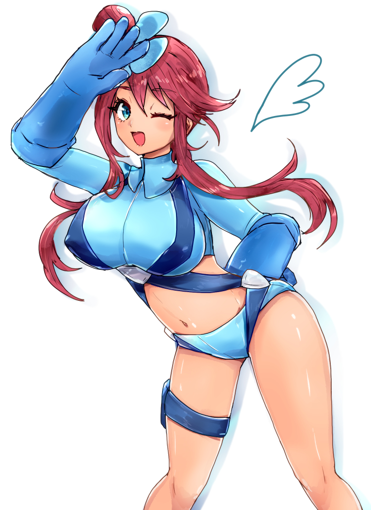 1girl ;d aqua_eyes blue_gloves blue_shirt blue_shorts breasts chemaru_(a8l) cowboy_shot gloves gym_leader hair_bun hand_on_hip large_breasts looking_at_viewer midriff navel one_eye_closed open_mouth pokemon pokemon_(game) pokemon_bw redhead shiny shiny_skin shirt short_hair_with_long_locks short_shorts shorts skin_tight skyla_(pokemon) smile solo thighlet white_background