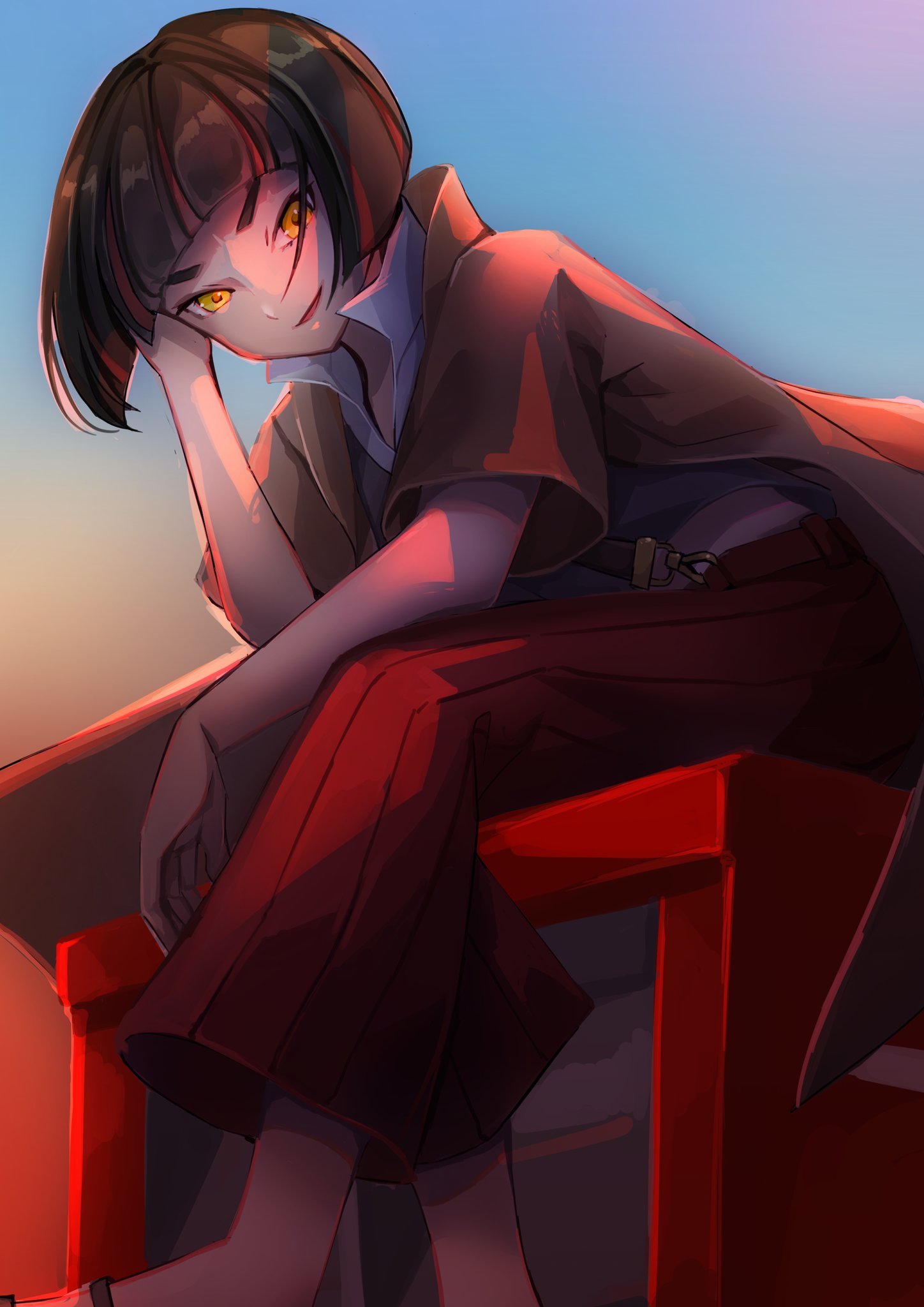 1girl adjusting_hair arm_on_knee bangs bellbottoms black_hair blue_background blunt_bangs bob_cut brown_jacket crop_top furrowed_eyebrows gradient gradient_background grey_shirt hand_on_own_head highres jacket kagenui_yozuru looking_at_viewer midriff monogatari_(series) multicolored_hair myuga66666 naughty_face open_clothes open_jacket open_mouth orange_background pants parted_lips popped_collar postbox_(outgoing_mail) red_pants redhead shirt short_hair sitting smile smirk solo streaked_hair striped striped_pants sunset suspenders two-tone_hair white_shirt yellow_eyes