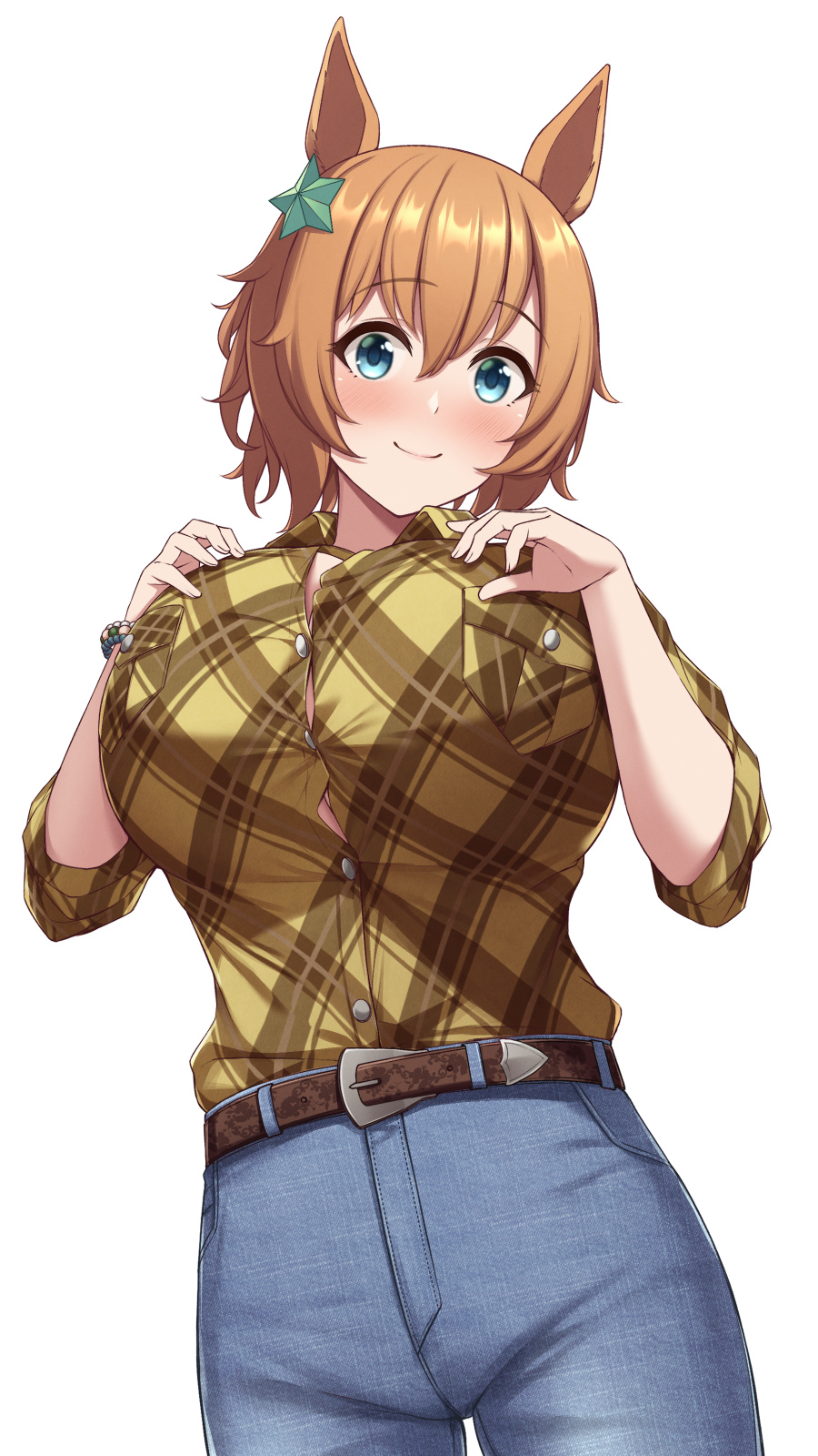 1girl animal_ears aqua_eyes bangs belt blue_pants blush bracelet breasts brown_hair buttons closed_mouth commentary_request cowboy_shot denim eyebrows_visible_through_hair fou_zi hair_between_eyes hair_ornament highres jeans jewelry large_breasts looking_at_viewer pants plaid plaid_shirt shirt short_hair simple_background sleeves_past_elbows smile solo standing star_(symbol) star_hair_ornament taiki_shuttle umamusume white_background yellow_shirt