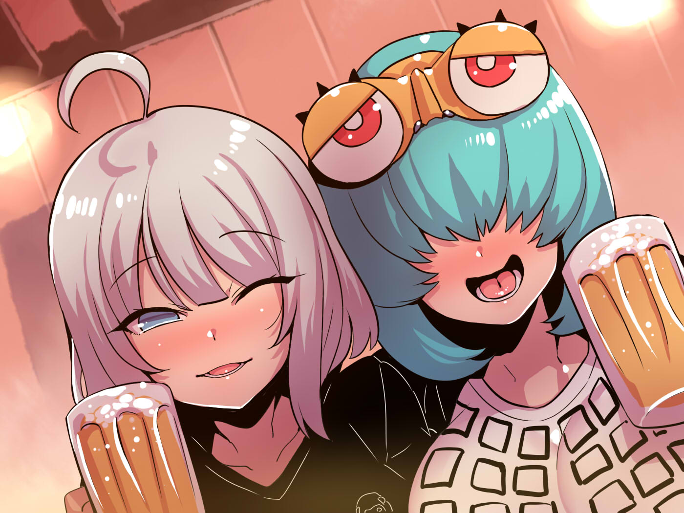 2girls ahoge alcohol beer blue_eyes breasts character_request higashihara_(higashihara_channel) large_breasts looking_at_viewer multiple_girls short_hair smile tukiwani virtual_youtuber