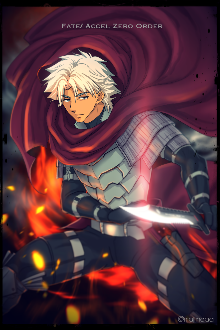 1boy armor cape dark_skin dark_skinned_male emiya_kiritsugu emiya_kiritsugu_(assassin) fate/grand_order fate_(series) holster knife majimaaa male_focus pauldrons shoulder_armor solo thigh_holster white_hair