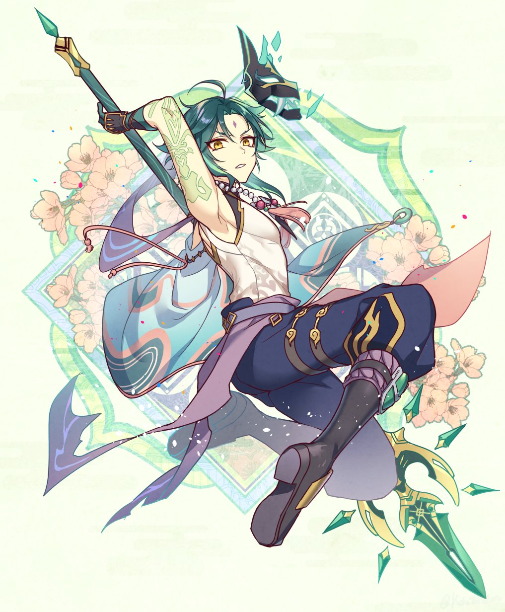 1boy ahoge arm_guards arm_tattoo arm_up bangs bare_shoulders bead_necklace beads black_hair detached_sleeves facial_mark flower forehead_mark genshin_impact gloves green_gloves green_hair highres holding holding_polearm holding_spear holding_weapon jewelry kokotendon long_hair looking_at_viewer male_focus mask multicolored_hair necklace open_mouth parted_bangs polearm sleeveless slit_pupils solo spear tassel tattoo weapon white_background xiao_(genshin_impact) yellow_eyes