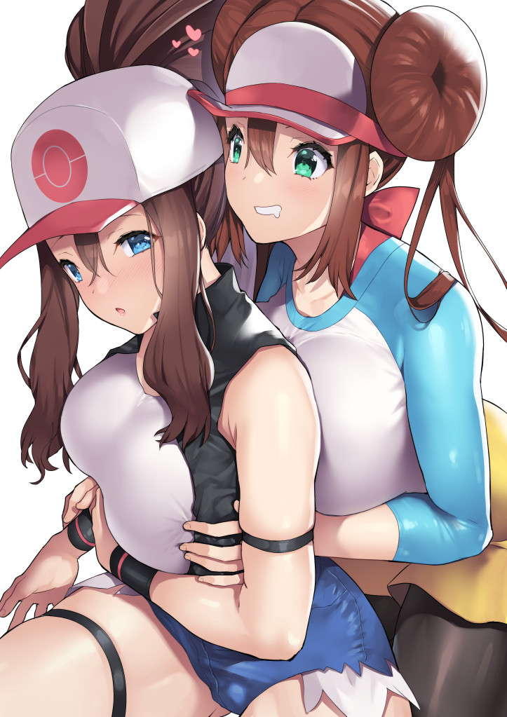 2girls arm_strap arm_under_breasts baseball_cap black_legwear black_vest blue_eyes blue_sleeves blush breast_grab breast_hold breast_press breasts brown_hair commentary cutoffs denim denim_shorts double_bun dress grabbing grabbing_from_behind hair_between_eyes hat heart high_ponytail hilda_(pokemon) large_breasts long_hair looking_at_another mei_(pokemon) multiple_girls nagase_haruhito open_clothes open_mouth open_vest pantyhose pokemon pokemon_(game) pokemon_bw pokemon_bw2 raglan_sleeves rosa_(pokemon) shirt short_dress shorts simple_background symbol-only_commentary thigh_strap touko_(pokemon) twintails vest visor_cap white_background white_shirt wristband yellow_shorts yuri