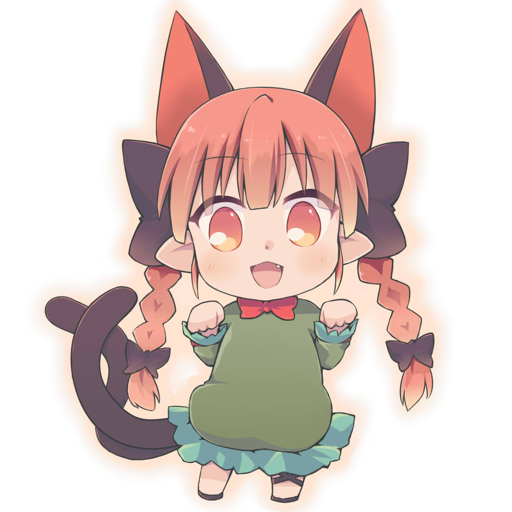 1girl animal_ears bow braid cat_ears chili extra_ears eyebrows_visible_through_hair hair_bow hazuki_ruu kaenbyou_rin looking_at_viewer multiple_tails red_eyes redhead skirt solo tail touhou twin_braids younger