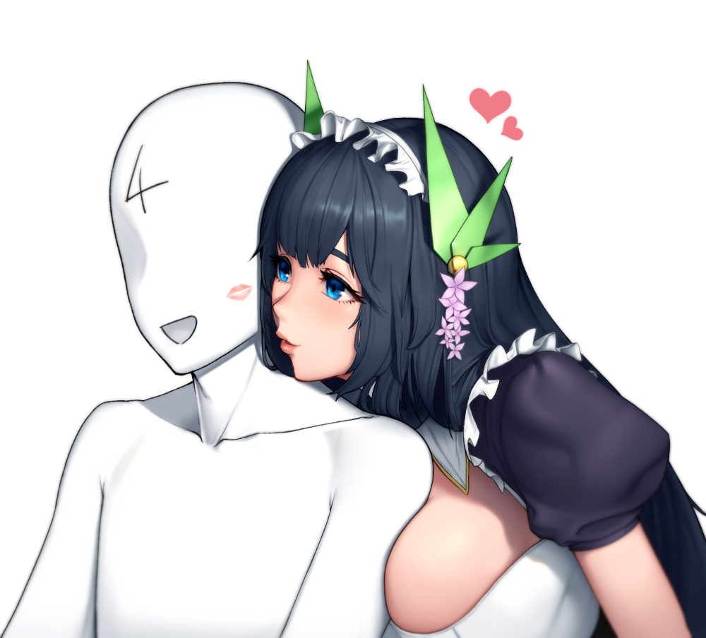 1boy 1girl arm_between_breasts bangs beeeeen_213 between_breasts blue_eyes breasts commander_(last_origin) faceless faceless_male flower hair_flower hair_ornament heart hetero huge_breasts last_origin lips lipstick_mark long_hair maid maid_headdress oberonia_rhea parted_lips puffy_short_sleeves puffy_sleeves short_sleeves simple_background smile very_long_hair white_background