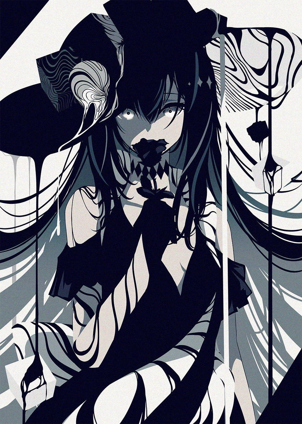 1girl berryverrine black_flower black_rose covering_mouth cube flower greyscale hair_between_eyes hand_up hat highres looking_at_viewer monochrome original rose solo upper_body white_eyes