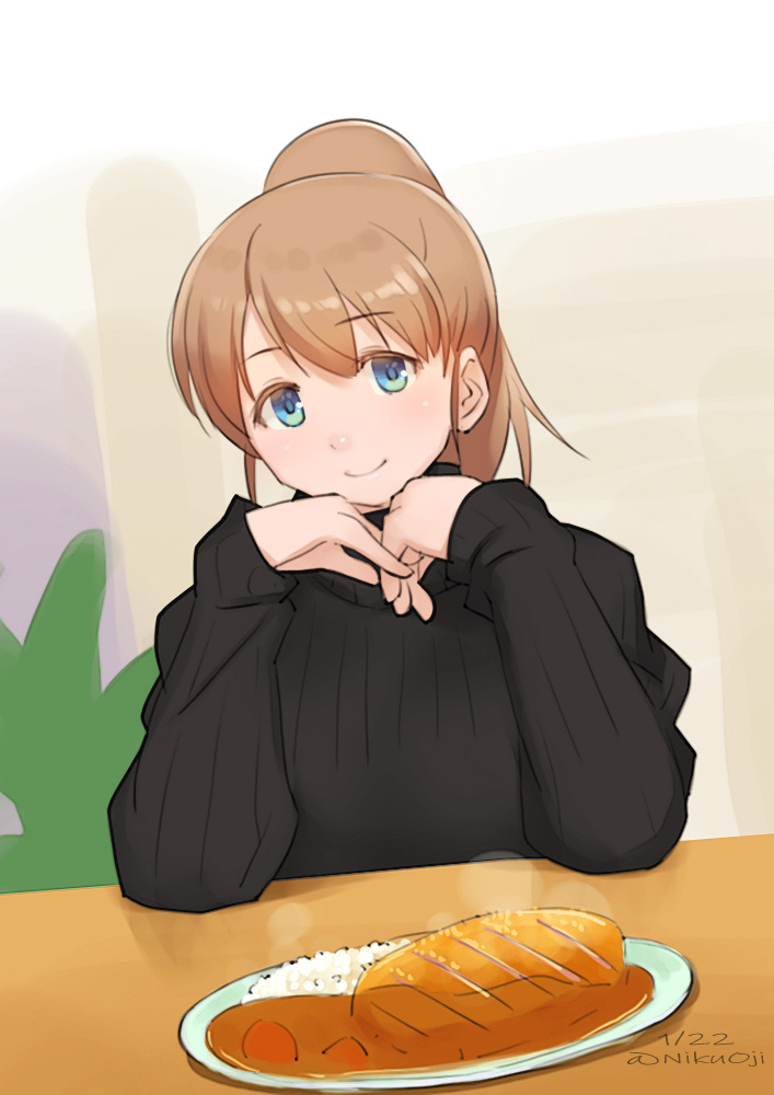1girl alternate_costume bangs black_sweater blue_eyes dated eyebrows_visible_through_hair food intrepid_(kancolle) kantai_collection light_brown_hair long_hair long_sleeves looking_at_viewer plate ponytail rice smile solo steam sweater table twitter_username