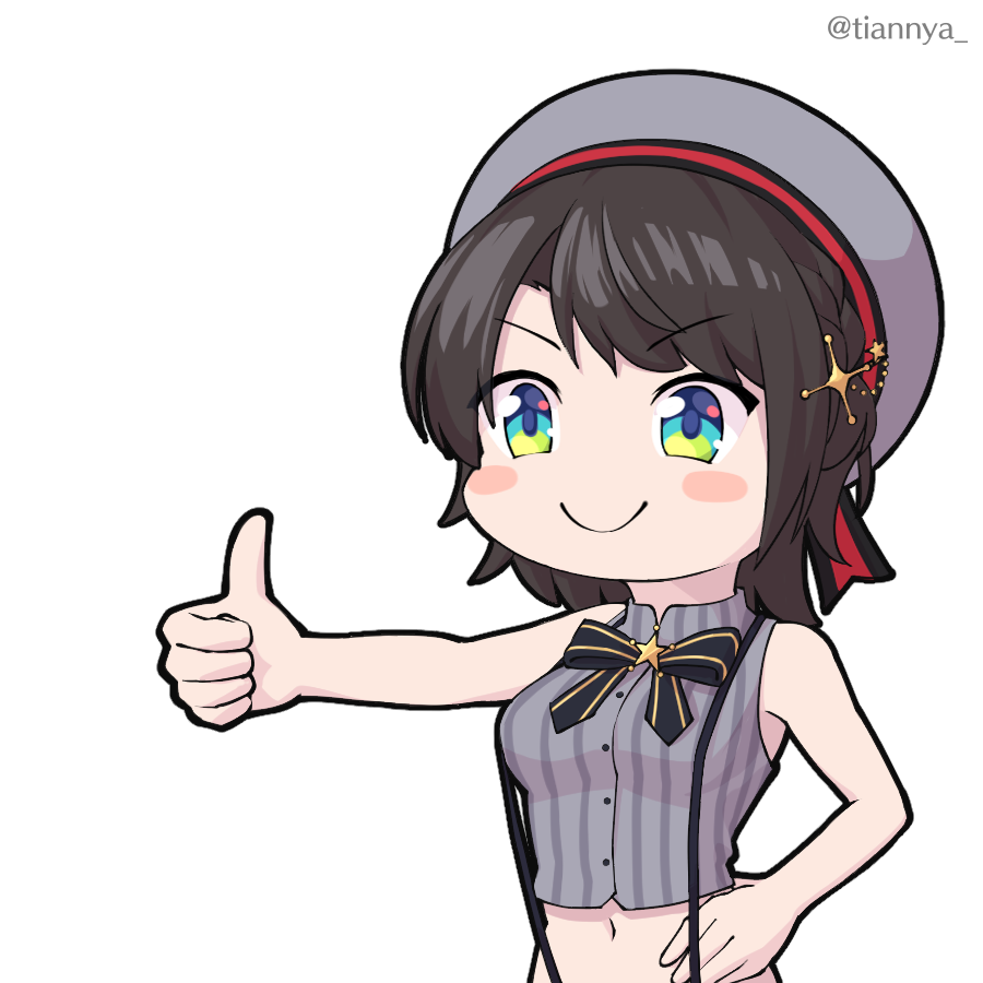 1girl artist_name bangs bare_shoulders beret black_hair black_ribbon blue_eyes blush_stickers c: chibi commentary english_commentary green_eyes grey_shirt hand_on_hip hat hololive midriff multicolored multicolored_eyes navel oozora_subaru outstretched_hand ribbon shirt short_hair sleeveless solo striped striped_shirt suspenders swept_bangs thumbs_up tian_nya transparent_background twitter_username upper_body virtual_youtuber white_headwear