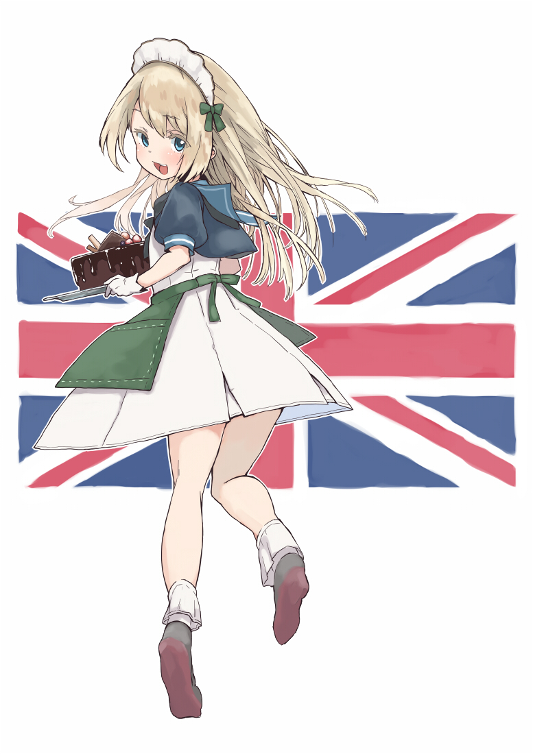 1girl apron blonde_hair blue_eyes blue_sailor_collar cake chocolate_cake dress food from_behind full_body gloves green_apron holding holding_tray jervis_(kancolle) kantai_collection maid_headdress mary_janes matsutani sailor_collar sailor_dress shoes solo tray union_jack white_dress white_gloves