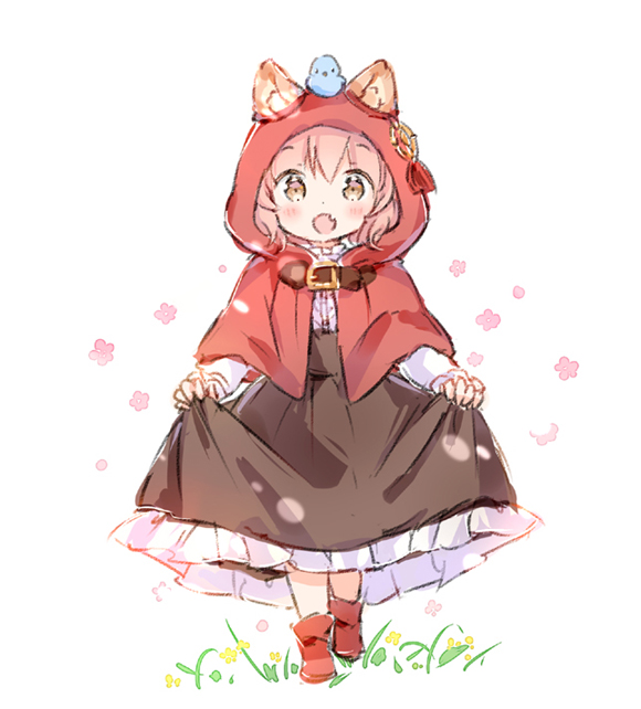 1girl :d animal_ear_fluff animal_ears bangs black_skirt blush boots brown_eyes capelet commentary ears_through_headwear eyebrows_visible_through_hair fang frilled_skirt frills full_body hair_between_eyes hood hood_up hooded_capelet looking_at_viewer open_mouth original pink_hair red_capelet red_footwear shirt skirt skirt_hold smile solo walking wataame27 white_background white_shirt wolf-chan_(wataame27) wolf_ears younger