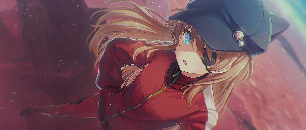 1girl baseball_cap black_headwear blue_eyes blurry blurry_background bodysuit breasts chihiro_ayaka commentary depth_of_field dutch_angle evangelion:_3.0_you_can_(not)_redo eyepatch hair_between_eyes hands_in_pockets hat hat_pin jacket long_hair long_sleeves looking_at_viewer medium_breasts neon_genesis_evangelion open_mouth orange_hair plugsuit rebuild_of_evangelion red_bodysuit red_jacket shikinami_asuka_langley solo souryuu_asuka_langley standing turtleneck zipper