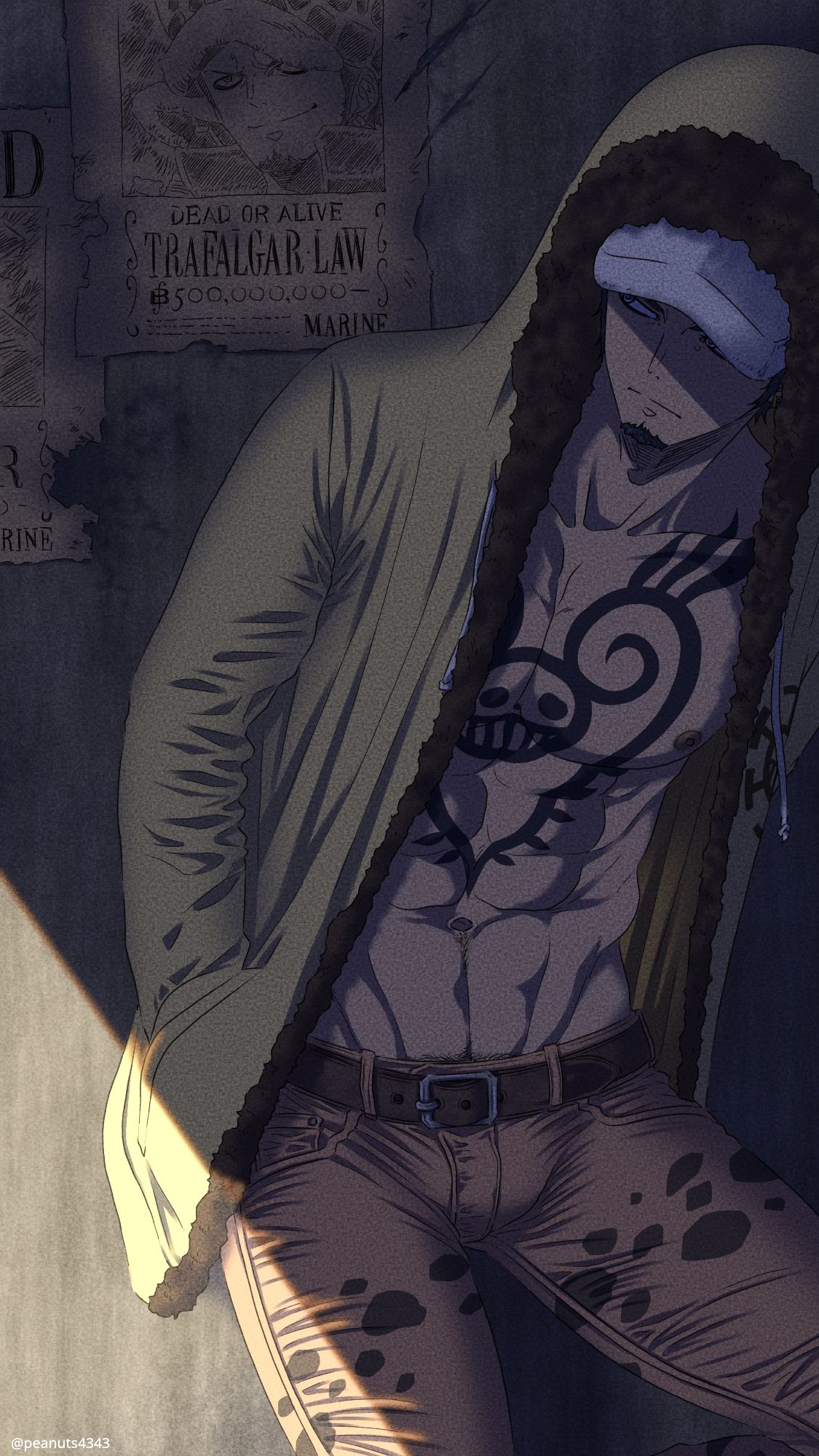 1boy abs bare_pecs black_eyes black_hair chest_tattoo cowboy_shot denim facial_hair goatee hat_under_hood highres hood hooded_jacket jacket jeans leather_belt looking_to_the_side male_focus nipples one_piece open_clothes open_jacket orange_pants panther_print pants pectorals pinattsu short_hair sideburns solo stomach tattoo toned toned_male trafalgar_law wanted yellow_jacket