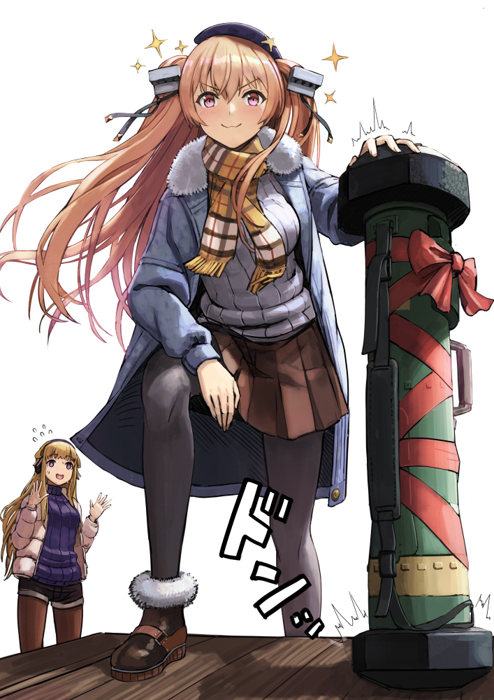 2girls alternate_costume black_legwear black_shorts blonde_hair blue_coat blue_sweater bolt breasts brown_eyes brown_footwear brown_skirt coat commentary_request double_bun fletcher_(kancolle) flying_sweatdrops fur-trimmed_coat fur-trimmed_footwear fur_trim gift hairband jacket johnston_(kancolle) kantai_collection large_breasts leaning_forward light_brown_hair long_hair multiple_girls official_alternate_costume oversized_object pantyhose pink_jacket purple_sweater ribbed_sweater scarf short_shorts shorts simple_background skirt smile smug sparkle sweat sweater sweating_profusely tantaka two_side_up violet_eyes white_background white_sweater winter_clothes winter_coat yellow_scarf
