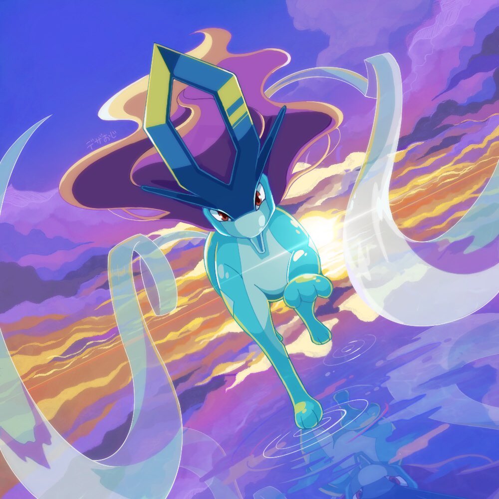 clouds commentary_request designer_ojisan gen_2_pokemon legendary_pokemon looking_at_viewer no_humans outdoors paws pokemon pokemon_(creature) red_eyes ripples sky solo suicune toes twilight