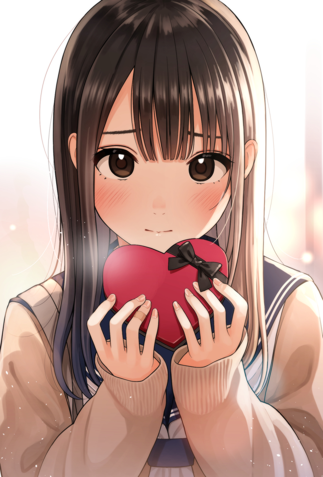 1girl bandaid bandaid_on_hand bangs black_bow black_hair blue_sailor_collar blush bow box brown_eyes brown_sweater closed_mouth commentary_request eyebrows_visible_through_hair fingernails gift gift_box hands_up heart-shaped_box highres holding holding_gift kentaurosu long_sleeves looking_at_viewer original pink_nails sailor_collar school_uniform serafuku sleeves_past_wrists solo sweater upper_body valentine white_neckwear