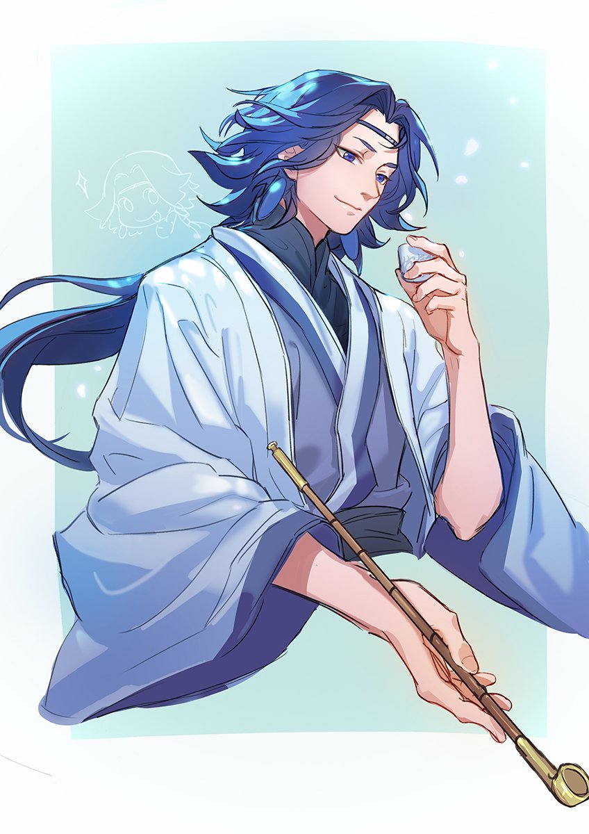 1boy blue_eyes blue_hair cropped_torso hand_up highres lanxi_zhen laojun_(the_legend_of_luoxiaohei) long_hair long_sleeves pipe smile solo suncle the_legend_of_luo_xiaohei upper_body wide_sleeves