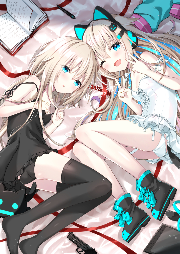 2girls ;d animal_ears ass bare_arms bare_shoulders bed_sheet black_dress black_footwear black_legwear black_panties blonde_hair blue_eyes book boots breasts cat_ear_headphones cat_hair_ornament commentary_request double_v drawing_tablet dress fake_animal_ears fang frilled_dress frills hair_ornament hands_up headphones indie_virtual_youtuber lying multiple_girls no_shoes on_side one_eye_closed open_book open_mouth original panties side-tie_panties sleeveless sleeveless_dress small_breasts smile strap_slip thigh-highs tia-chan uchuuneko uchuuneko_(vtuber) underwear v virtual_youtuber white_dress white_panties