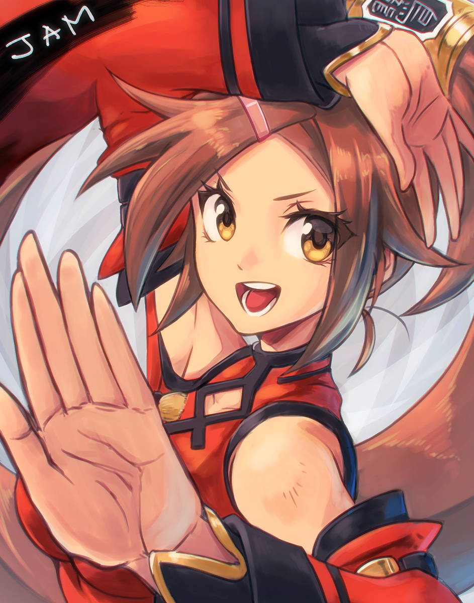 1girl 966 brown_eyes brown_hair china_dress chinese_clothes dress eyelashes fighting_stance guilty_gear guilty_gear_xrd hair_ornament hair_ring hairclip hands highres kuradoberi_jam looking_at_viewer open_mouth solo_focus twintails