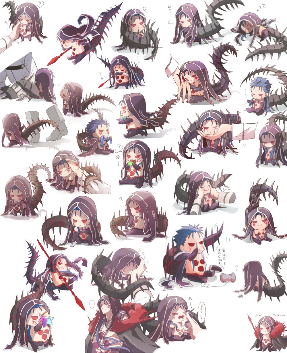 1other 2boys angry blue_hair bodypaint cape chibi closed_mouth cu_chulainn_(fate)_(all) cu_chulainn_alter_(fate/grand_order) dark_persona detached_hood eating facepaint fate/grand_order fate_(series) fujimaru_ritsuka_(male) full_body fur-trimmed_cape fur_trim gae_bolg_(fate) hair_down highres holding holding_polearm holding_weapon hood long_hair mana_prism mini_cu-chan_(fate) multiple_boys multiple_views needle open_mouth pants petting polearm ponytail red_eyes saint_quartz sharp_teeth shirtless simple_background sleeping speech_bubble spikes spiky_hair spool tail teeth touching weapon white_background yukinaga