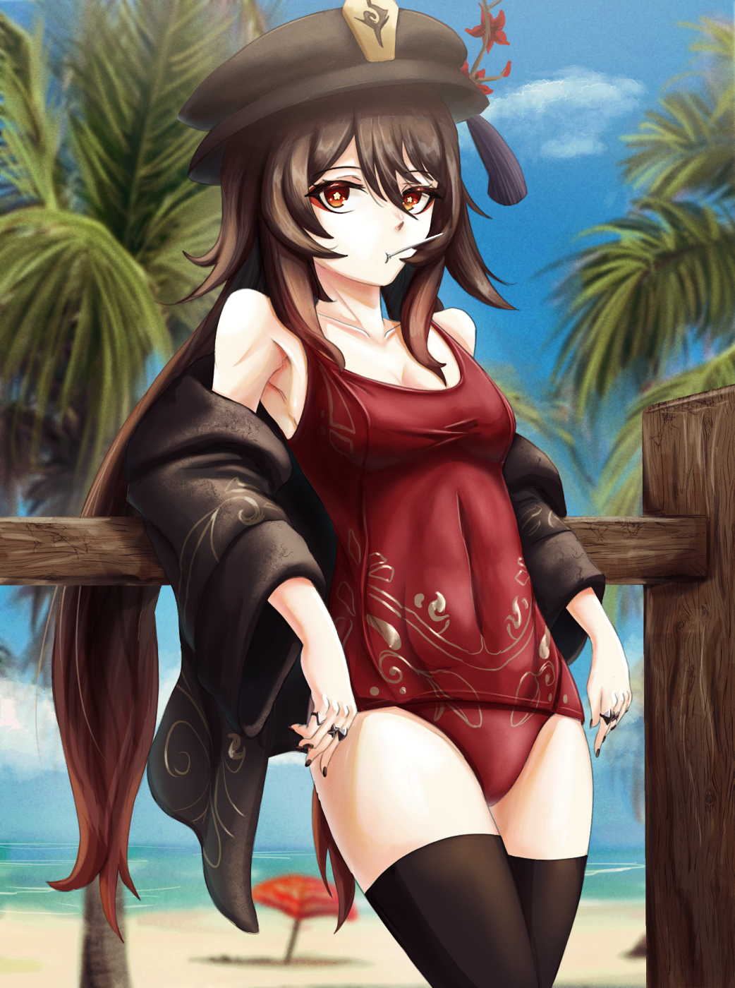 1girl adapted_costume armpits bare_shoulders beach black_headwear black_legwear black_shirt breasts brown_hair covered_navel cowboy_shot flower genshin_impact gradient_hair hair_between_eyes haonfest_art hat hat_flower highres hu_tao jewelry long_hair long_sleeves looking_at_viewer medium_breasts mouth_hold multicolored_hair multiple_rings nail_polish off_shoulder one-piece_swimsuit open_clothes open_shirt outdoors plum_blossoms red_eyes red_flower red_swimsuit ring school_swimsuit shirt solo standing swimsuit thigh-highs thighs twintails very_long_hair wide_sleeves