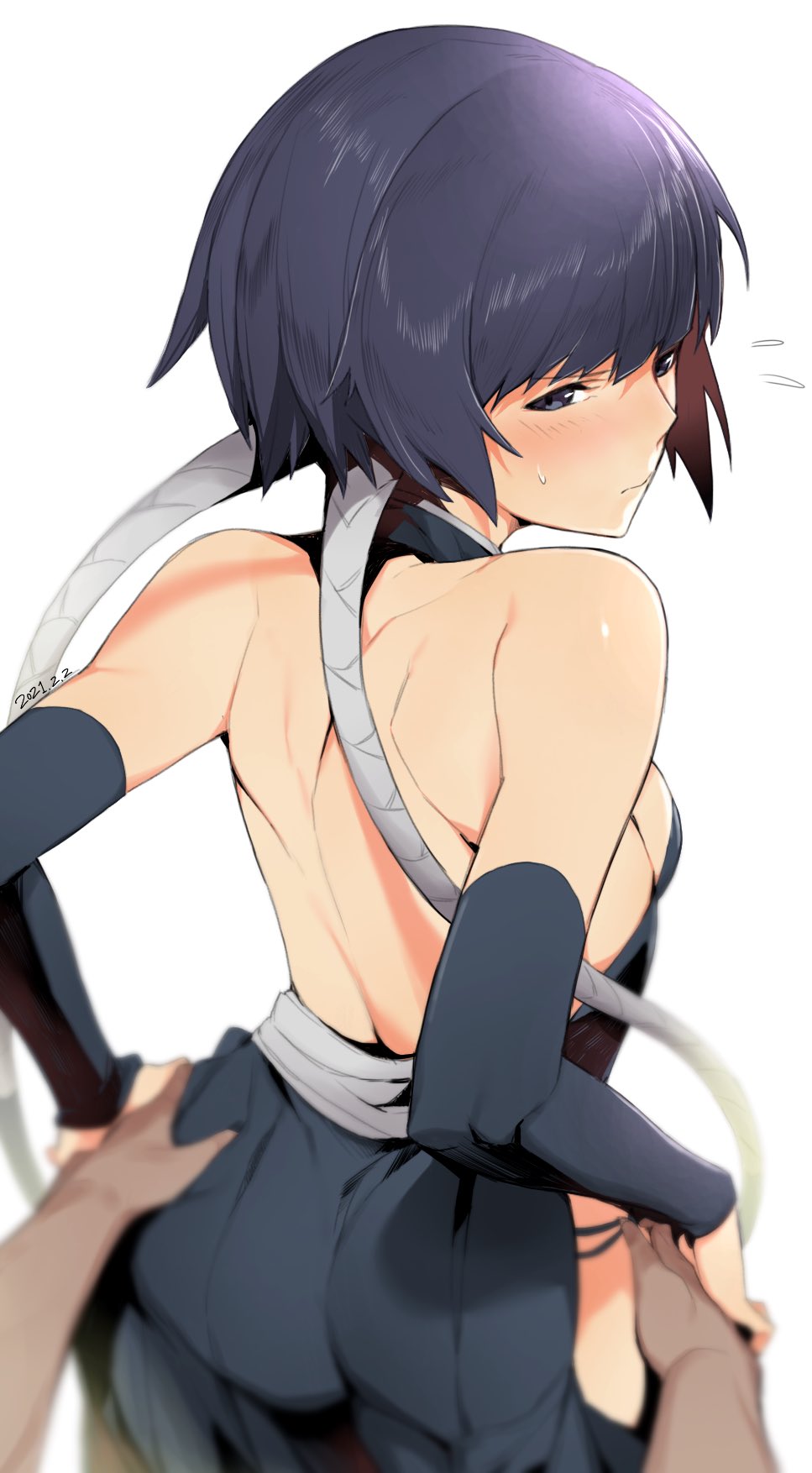 1girl back black_eyes black_hair bleach blush breasts closed_mouth elbow_sleeve exposed_muscle hand_on_hip highres kuma_(jk0073) looking_at_viewer looking_back short_hair simple_background small_breasts sui-feng sweat sweatdrop white_background