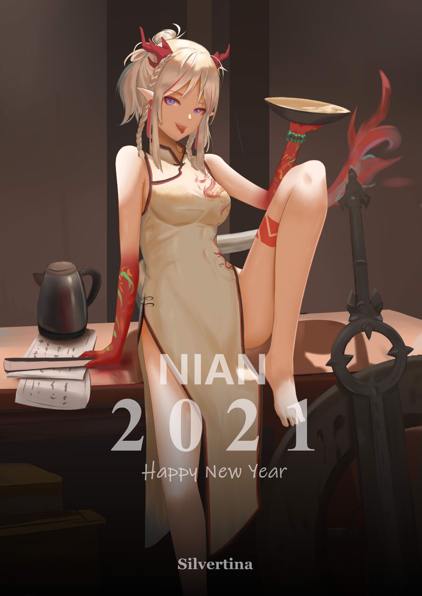2021 arknights artist_name bare_arms bare_legs bare_shoulders barefoot braid breasts character_name china_dress chinese_clothes commentary dress foot_out_of_frame happy_new_year highres holding horns knee_up medium_breasts medium_hair multicolored_hair new_year nian_(arknights) nian_(unfettered_freedom)_(arknights) redhead silver_hair silvertina sitting sleeveless sleeveless_dress streaked_hair violet_eyes white_dress