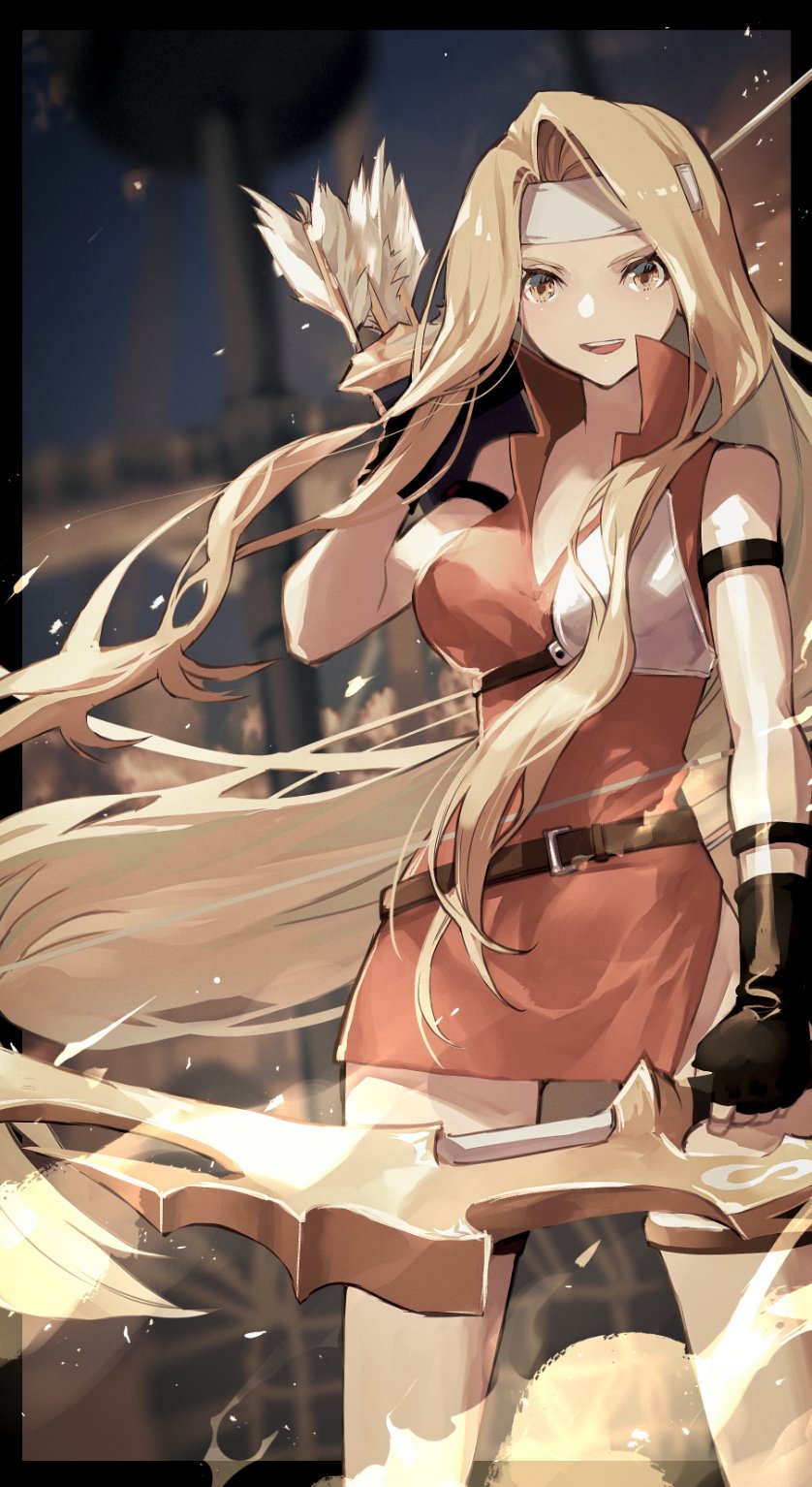 1girl absurdly_long_hair arrow_(projectile) belt blonde_hair bow_(weapon) brigid_(fire_emblem) commission dress fingerless_gloves fire_emblem fire_emblem:_genealogy_of_the_holy_war gloves headband highres holding holding_weapon lala_(sputnik) long_hair ship skeb_commission smile solo very_long_hair watercraft weapon yellow_eyes