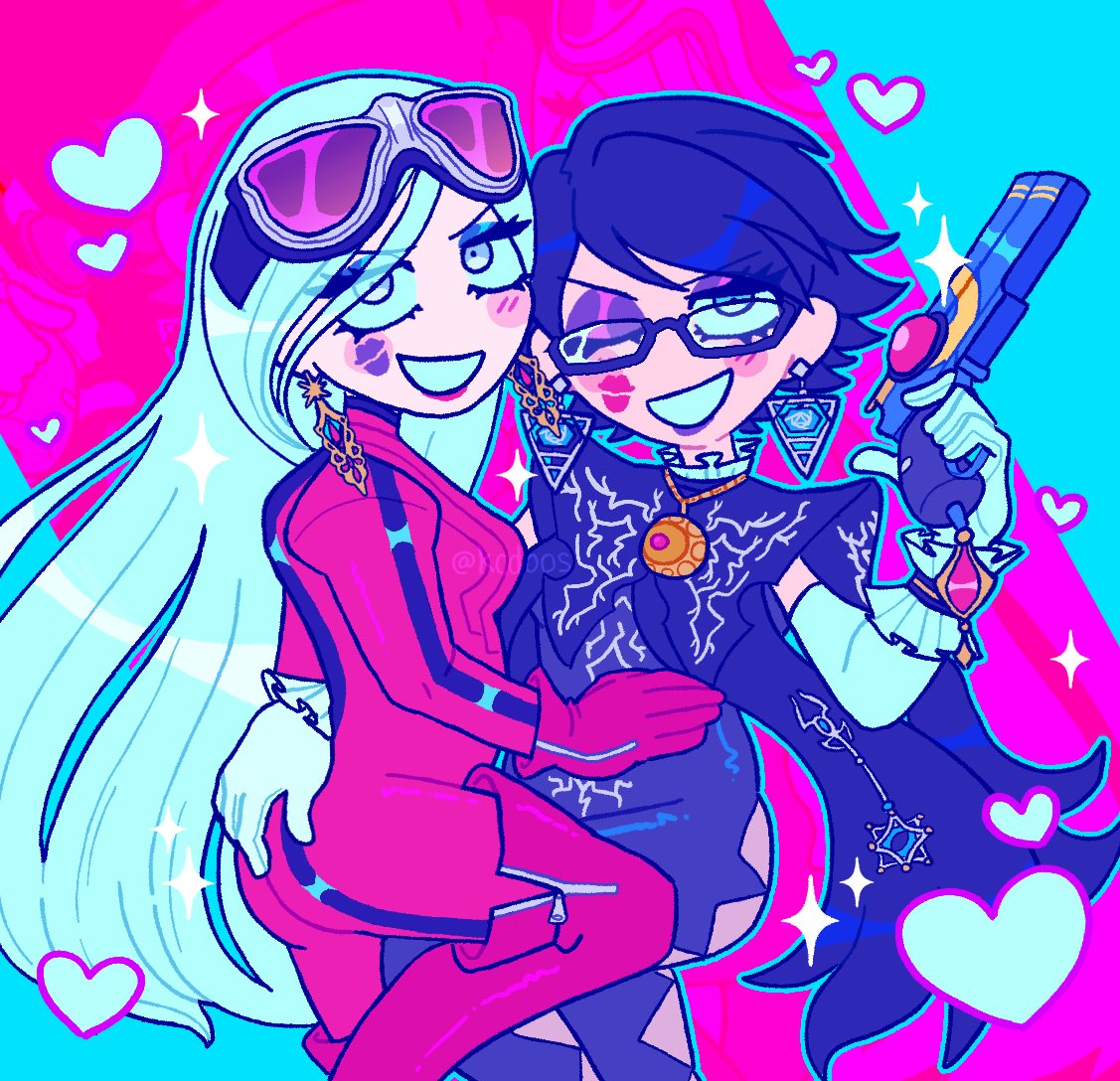 2girls alternate_costume aqua_background aqua_outline artist_name ass ass_grab bayonetta bayonetta_(character) black_hair blue_eyes blush_stickers bodysuit boots commentary couple earrings elbow_gloves english_commentary eyebrows_visible_through_hair eyeshadow eyewear_on_head glasses gloves gun handgun heart holding holding_gun holding_weapon jeanne_(bayonetta) jewelry kcdoos lipstick_mark long_hair looking_at_viewer makeup mole multicolored multicolored_background multiple_girls one_eye_closed open_mouth pistol purple_background purple_lips red_lips short_hair smile sparkle sunglasses symbol_commentary thigh-highs thigh_boots translucent_hair twitter_username very_long_hair watermark weapon white_gloves yuri